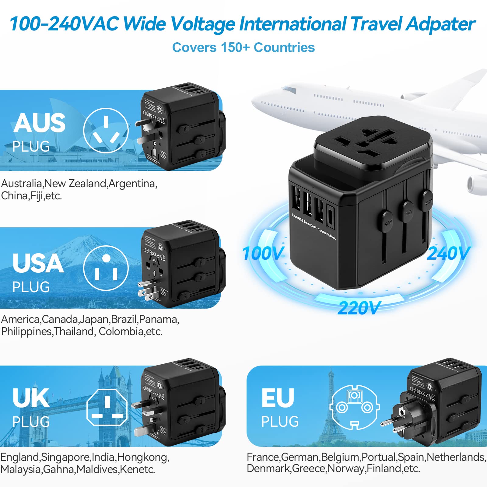 Universal Travel Adapter - Worldwide All-in-One Power Plug Converter for International Travel - Compact, Lightweight & Portable - Perfect for Business Trips, Vacations & Overseas Adventures (Black)