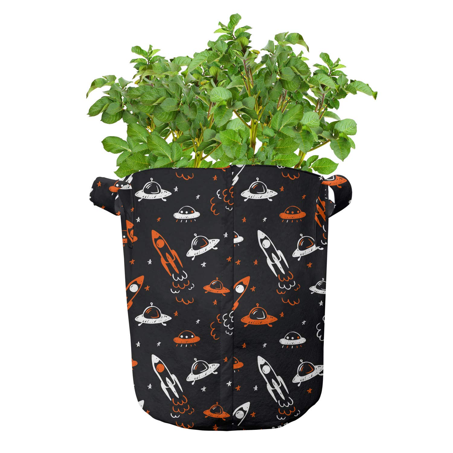 Ambesonne 5-Pack Space Themed Grow Bags - 7 Gallon Heavy Duty Fabric Plant Pots with Handles for Indoor/Outdoor Gardening - Black Orange White Cosmic Design - Perfect for Home Garden, Balcony Plants & Urban Farming