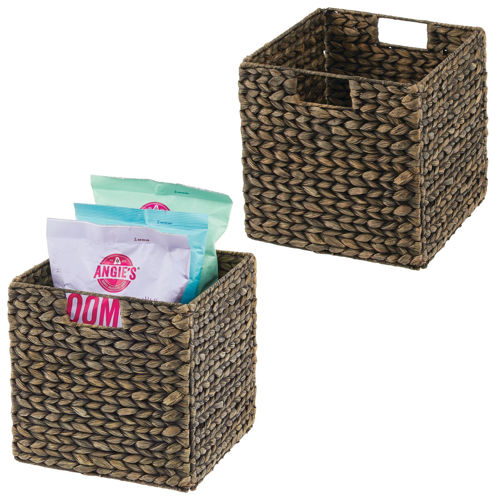 mDesign Natural Woven Hyacinth Storage Baskets with Handles - 2 Pack Black Wash Organizer Cubes for Kitchen Cabinets, Pantry Shelves & Cubby Units | Perfect for Snacks, Small Appliances & Home Organization
