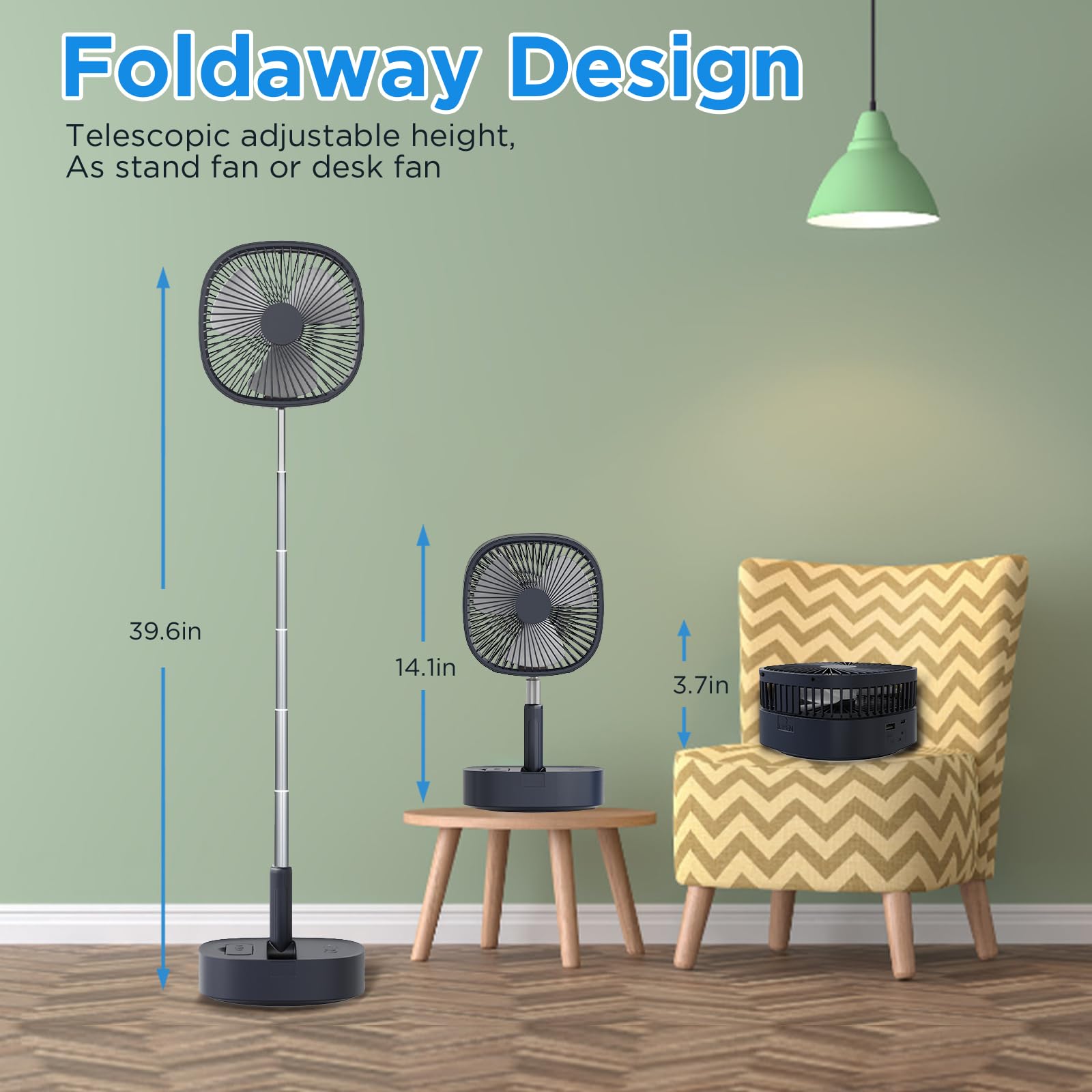 Magesh Portable Oscillating Pedestal Fan with Remote Control - 120° Wide Angle Rotation, 3-in-1 Foldable Standing/Desk Fan, 7200mAh Rechargeable Battery, 4 Speed Settings & Quiet Timer - Perfect for Home, Office, Outdoor, Camping, and Travel (Dark Blue)