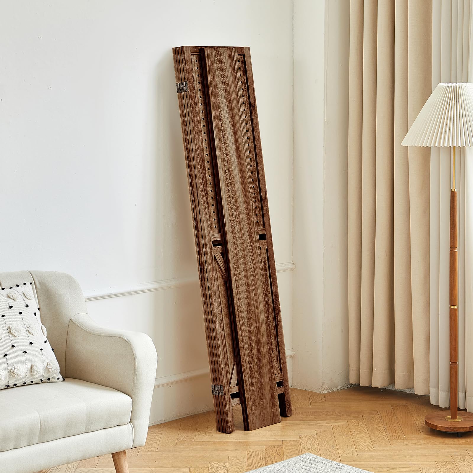 4 Panel Wood Room Divider with Shelves - Folding Privacy Screen & Pegboard Display - Easy to Move for Home & Store Use - Brown (Perfect for Studio Apartments, Office Spaces & Retail Displays)