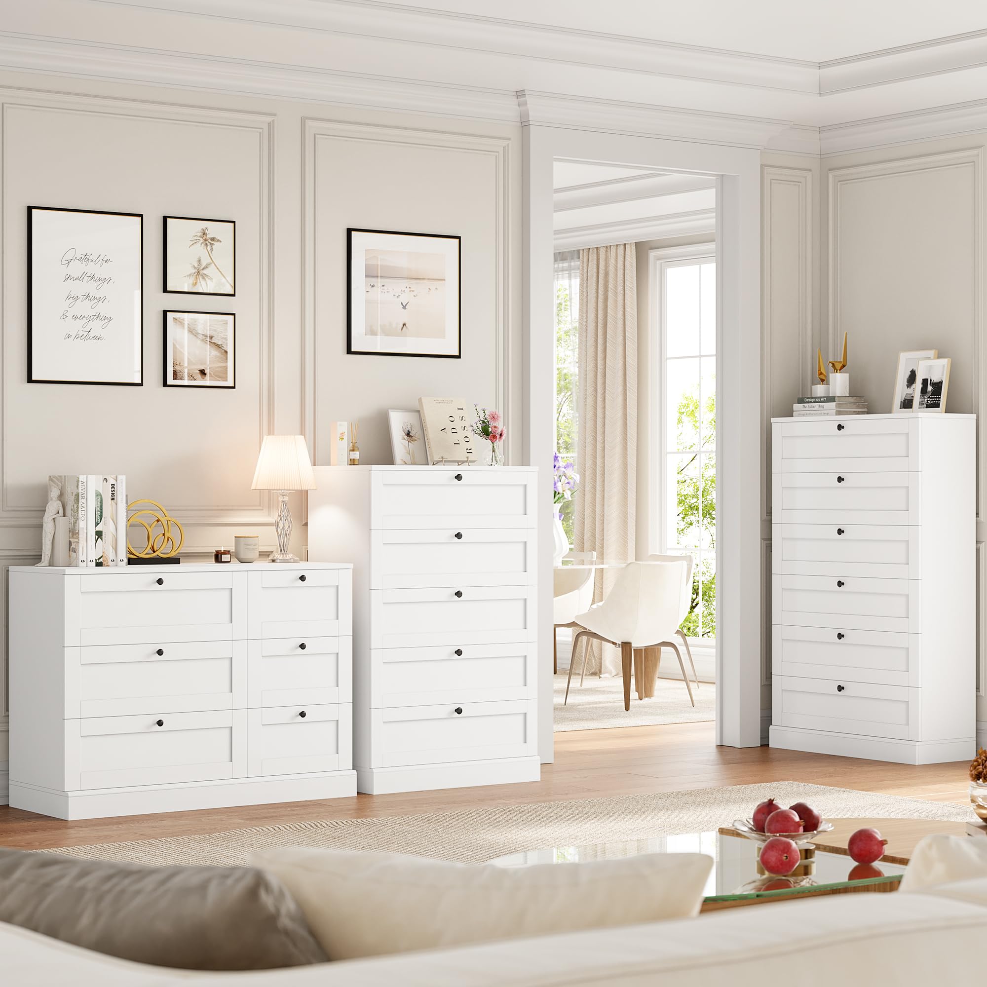 HOSTACK 6-Drawer White Wooden Dresser - Modern Wide Double Dresser Chest for Bedroom, Living Room, Entryway & Hallway - Perfect for Home Organization & Storage Solutions