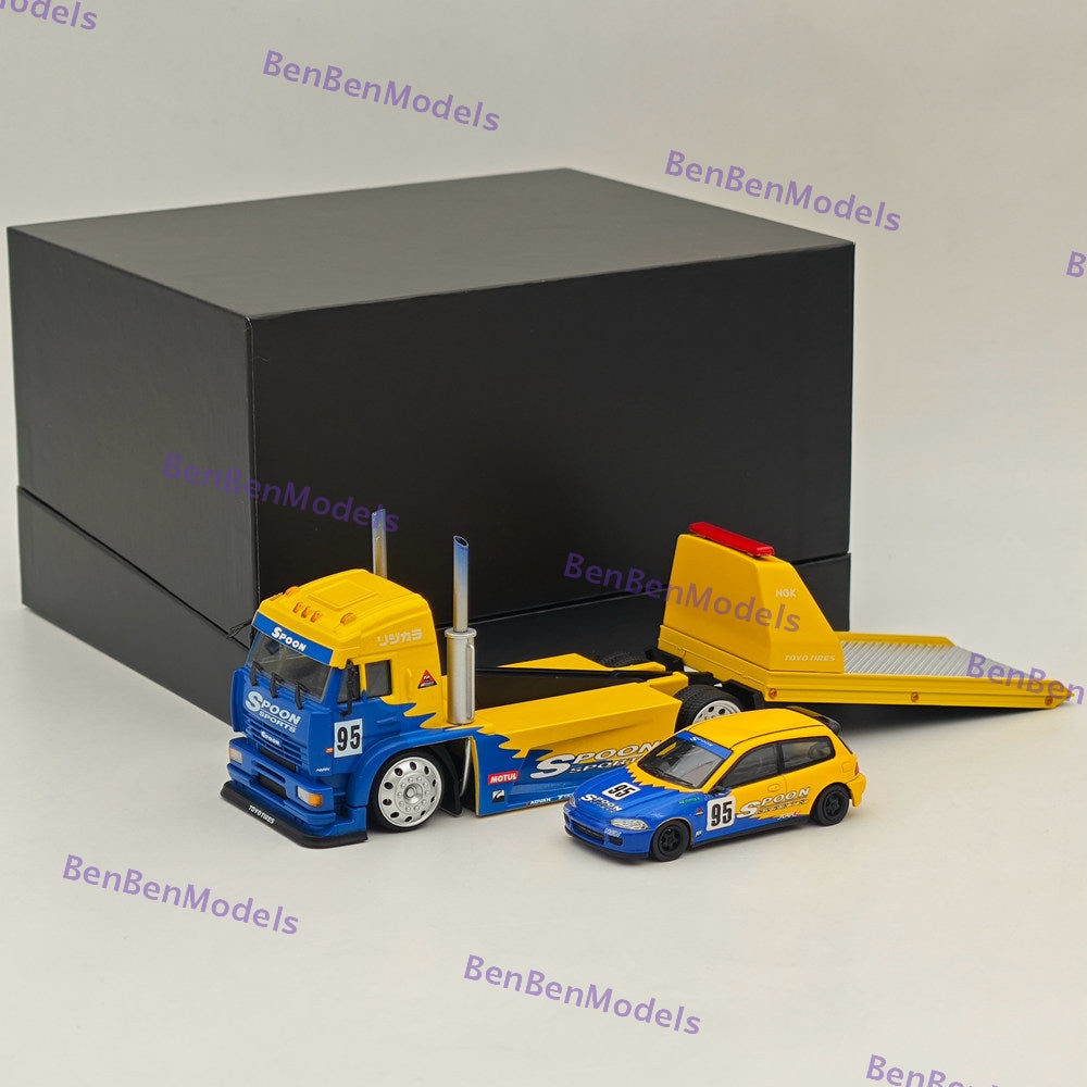 1:64 Scale SH KamAZ Spoon Sports Flatbed Tow Truck with Honda Civic EG6 Spoon #95 Diecast Model Car - Perfect for Collectors, Racing Enthusiasts, and Display Showcases