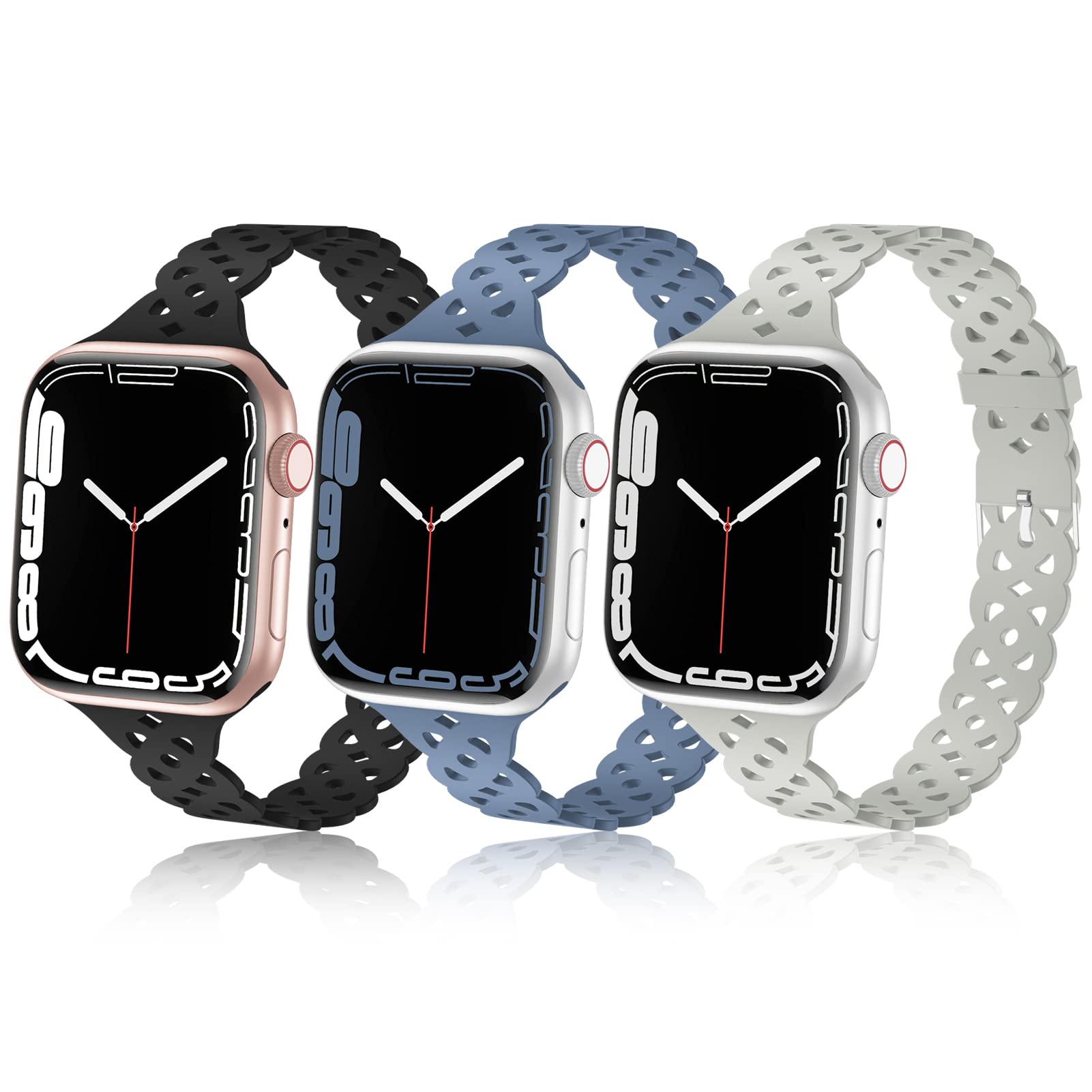 YAXIN 3 Pack Silicone Replacement Bands for Apple Watch 38mm 40mm 41mm 42mm 44mm 45mm - Slim Hollow-Out Sport Wristband Compatible with iWatch Series SE 7 6 5 4 3 2 1 - Perfect for Workouts, Running & Everyday Wear