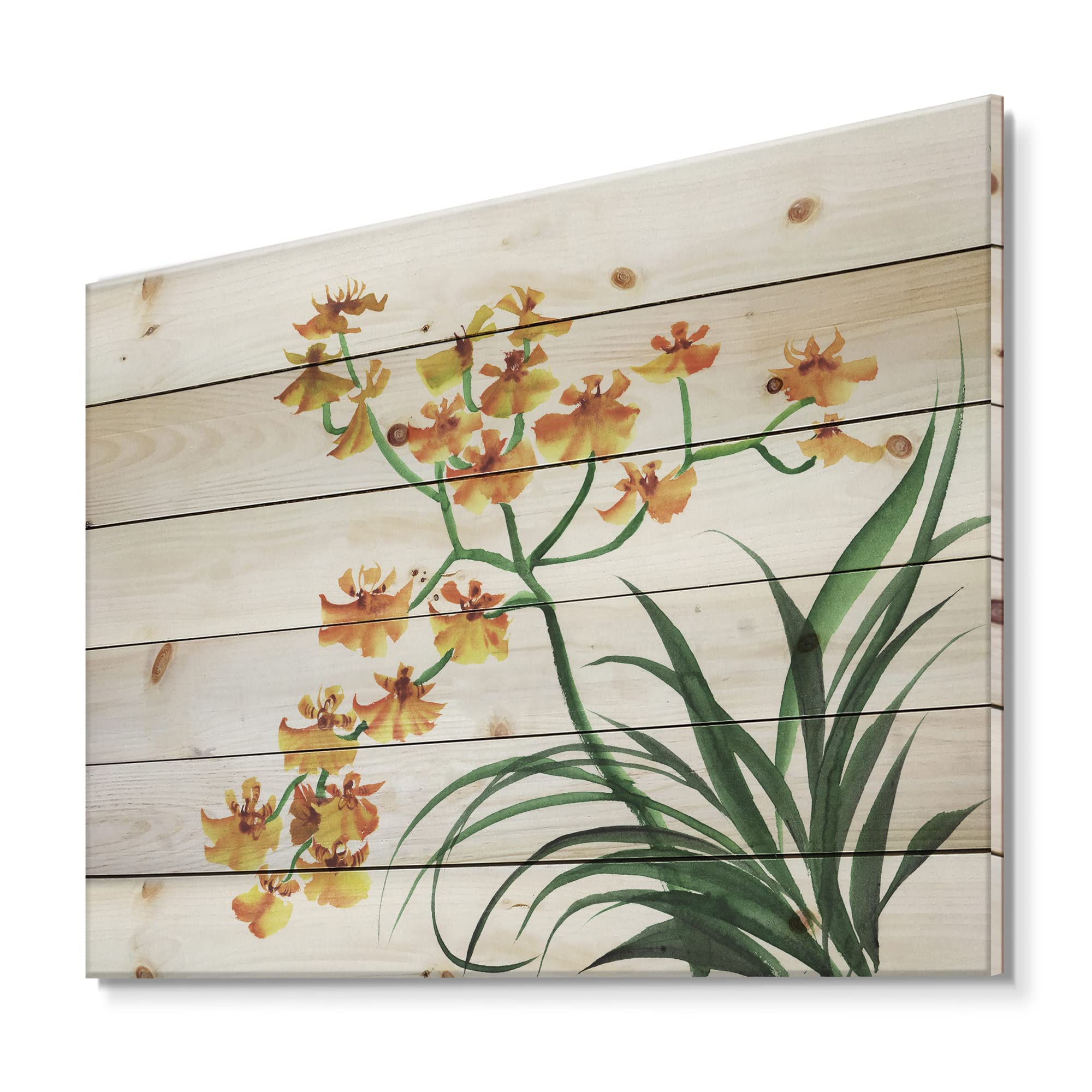 Vintage Orchid Wood Wall Art - Yellow Floral Pine Decor for Living Room