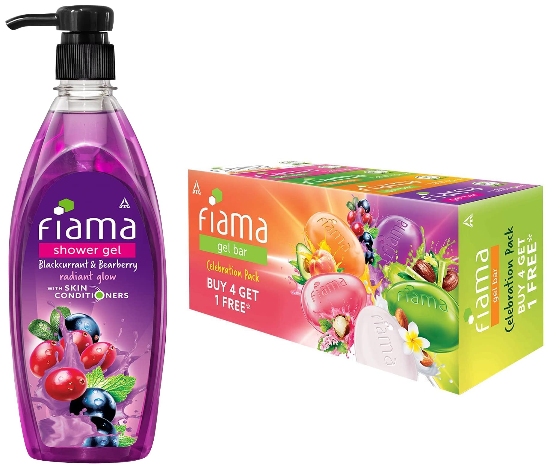 Fiama Gel Bar Celebration Pack - 5 Unique Gel Bars (125g Each) | Buy 4 Get 1 Free | Fiama Shower Gel Blackcurrant & Bearberry Body Wash with Skin Conditioners (500ml Pump) for Radiant Glow | Perfect for Gifts, Spa Days & Luxurious Bath Time