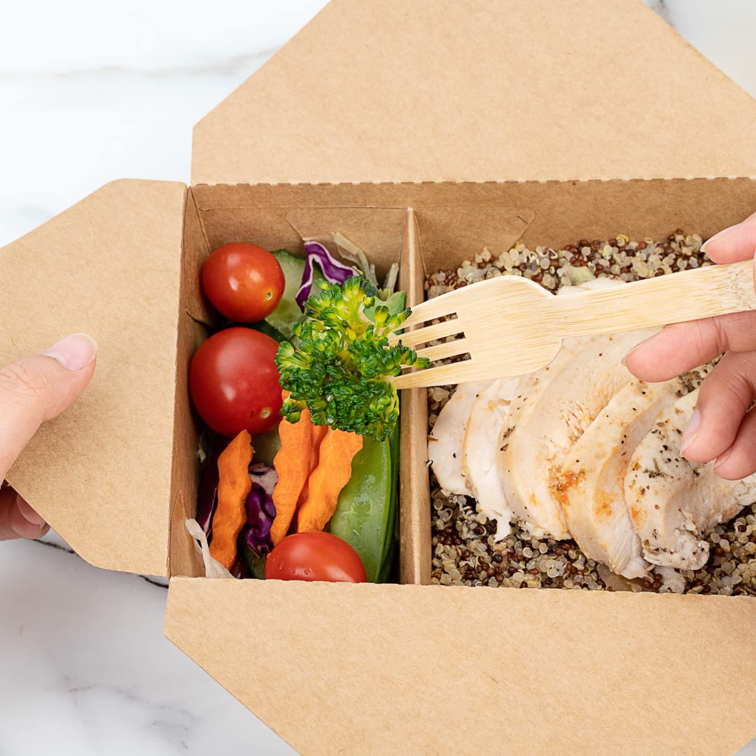 Eco-Friendly 47oz Kraft Paper Takeout Containers - 200 Pack 2-Compartment Greaseproof Food Boxes with Secure Tab-Lock | Ideal for Restaurants, Catering & Meal Prep | Safe for Hot/Cold Foods, Perfect for Takeout, Delivery & Leftovers