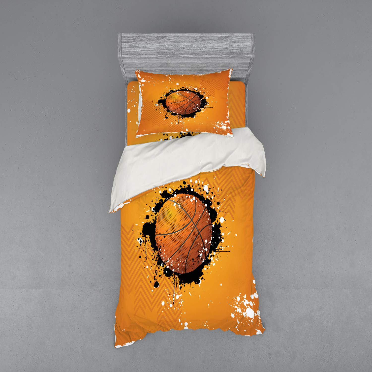 Ambesonne Basketball Duvet Cover Set - Abstract Grungy Sport Theme with Paint Splashes, 3-Piece Bedding Set Includes Sham & Fitted Sheet, Twin Size in Orange & Black - Perfect for Boys' Room, Sports Themed Bedroom, or Basketball Fan Gift