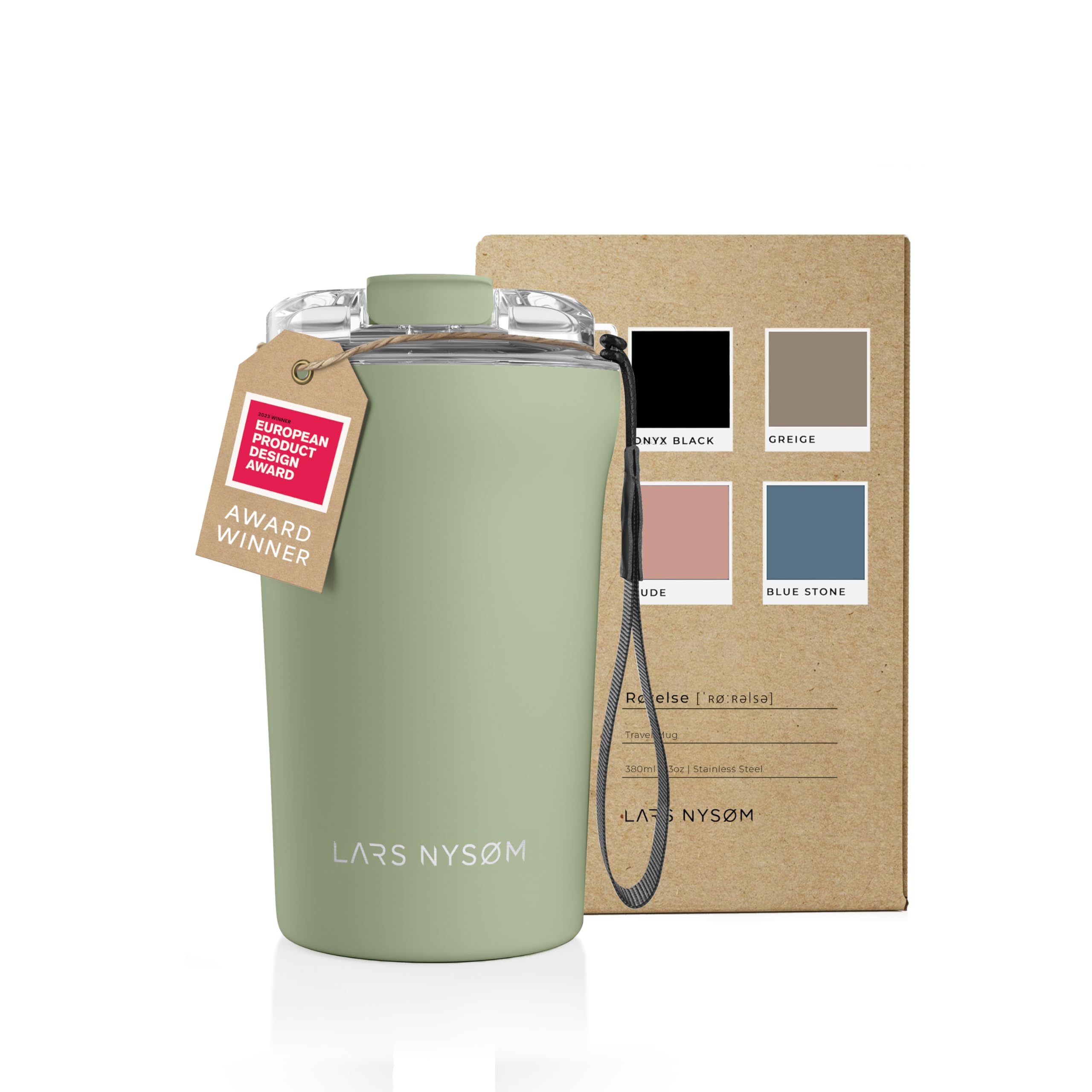 LARS NYSØM 13 oz Insulated Stainless Steel Travel Coffee Mug with Leak-Proof Lid & Carry Strap - Thermal Tumbler for Hot/Cold Beverages - Perfect for Commuting, Camping & Office Use (Sage Green)