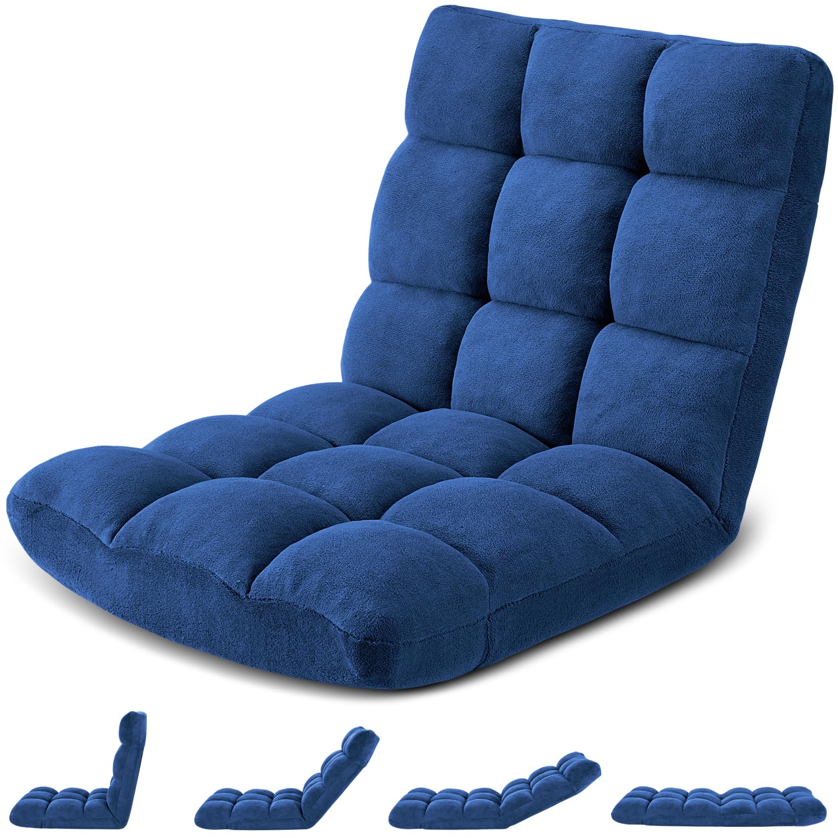 14-Position Adjustable Folding Floor Gaming Chair - Breathable Cotton & Skin-Friendly Velvet Cushioned Lazy Sofa for Adults & Kids - Perfect for Reading, Gaming, Meditating (Dark Blue) - Ideal for Home, Office, Dorm & Outdoor Use