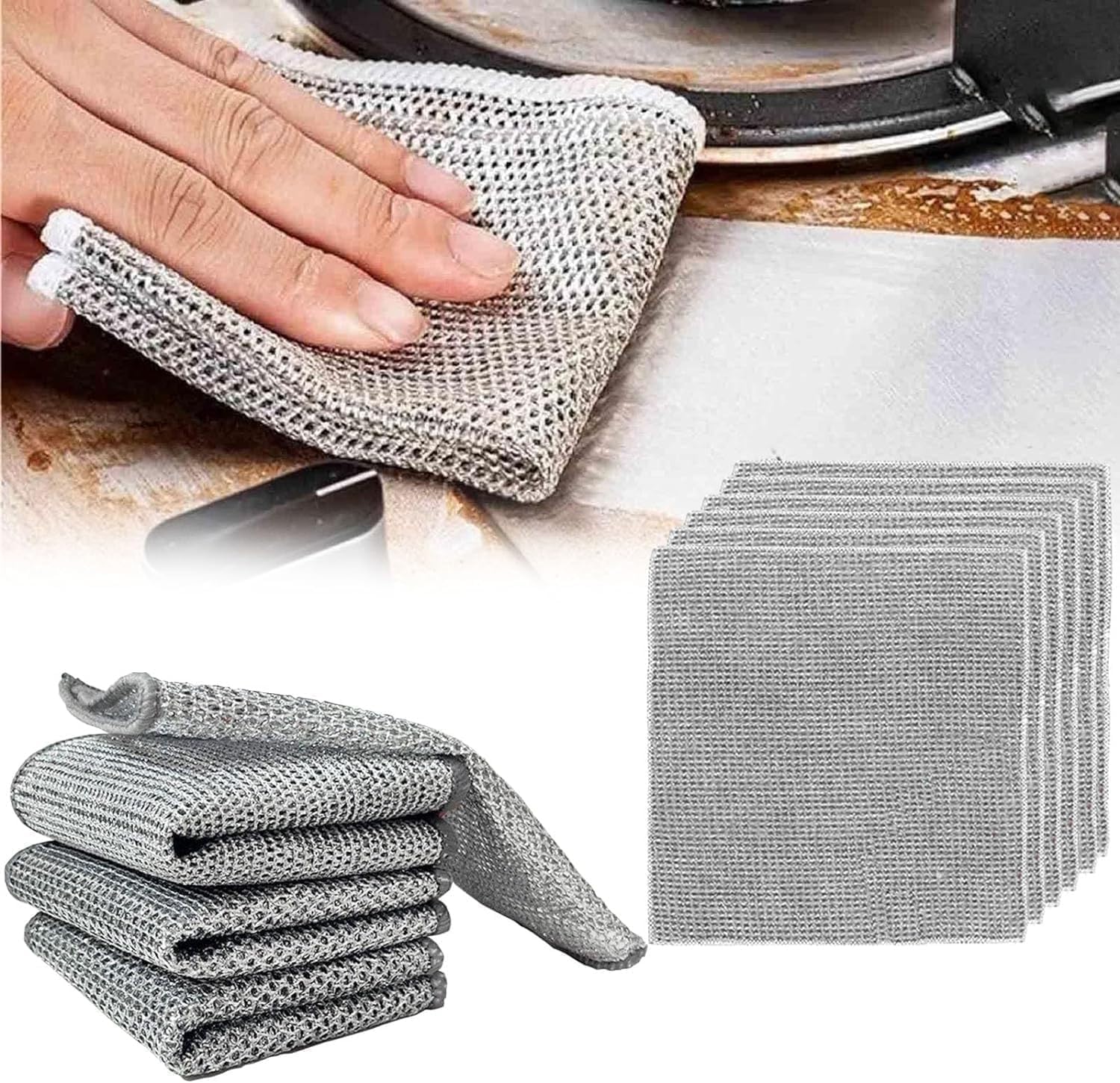 GAPTUR Multipurpose Non-Scratch Wire Dishwashing Rags - Reusable Metal Mesh Cleaning Cloth for Kitchen, Balcony & Household Cleaning - Wet & Dry Use Essential Cleaning Pack (5-Pack) - Perfect for Pots, Pans, Grills & Outdoor Equipment
