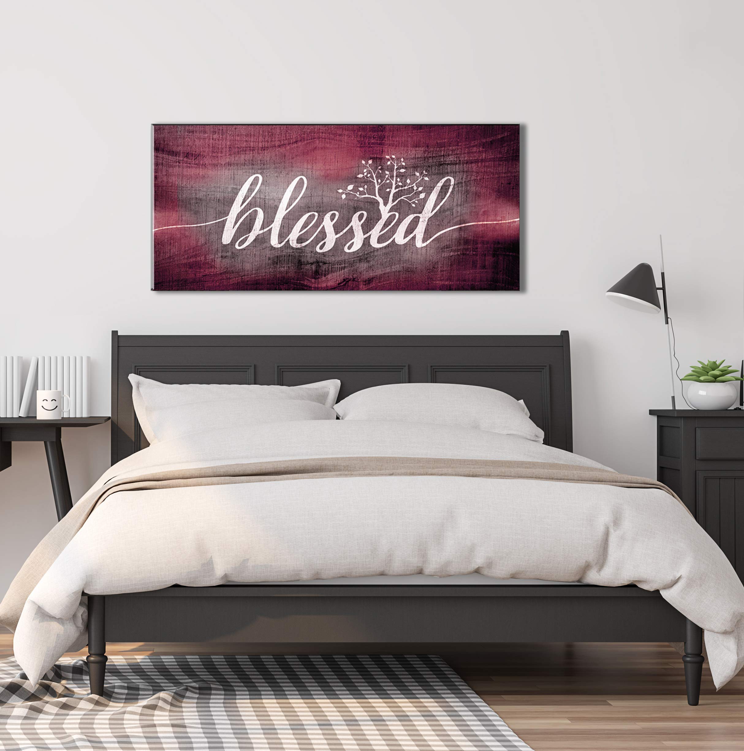Christian Wall Art - Blessed Sign & Thankful Quotes Religious Home Decor - 42x19 Inch Wine Red Blessed Word Sign - Perfect for Church, Living Room & Bedroom Inspiration