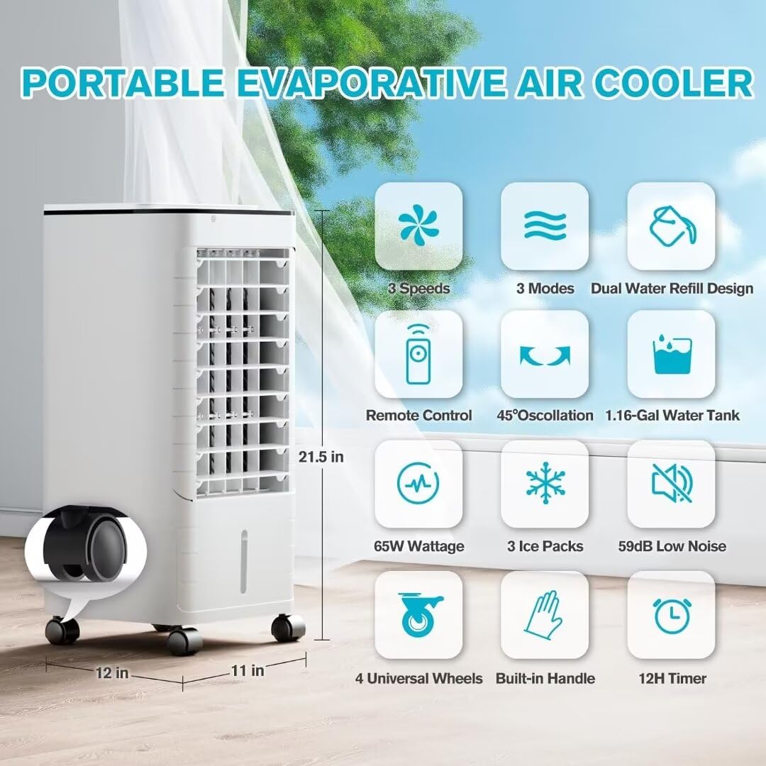Portable Air Conditioner Without Window - 3-in-1 Ductless Evaporative Cooler with Remote Control, 12H Timer & 1.16 Gallon Water Tank, 3 Speed Modes & Oscillation - Quiet AC Unit for Bedroom, Home Office, Living Room & Small Spaces