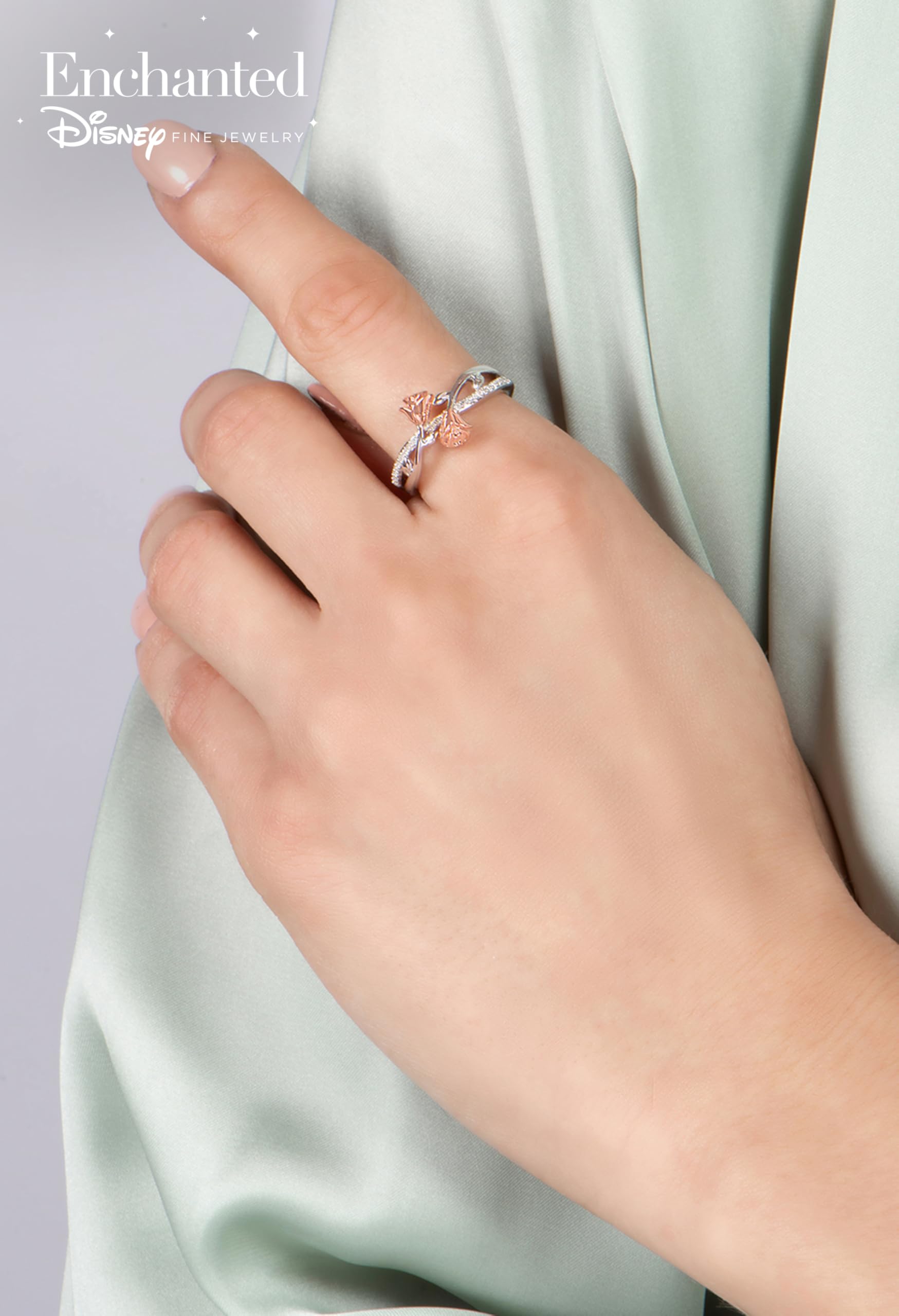 Jewelili Enchanted Disney Belle Rose Fashion Ring - 14K Rose Gold over Sterling Silver with 1/10 Cttw Diamond | Elegant Jewelry Gift for Women, Perfect for Anniversaries, Birthdays & Special Occasions