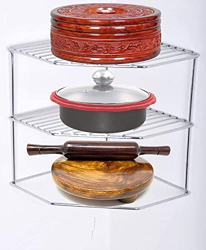 Multipurpose Stainless Steel 3-Tier Corner Storage Rack - Kitchen Plate Dish Shelf Organizer for Small Spaces | Perfect for Pantry, Bathroom & Office Organization