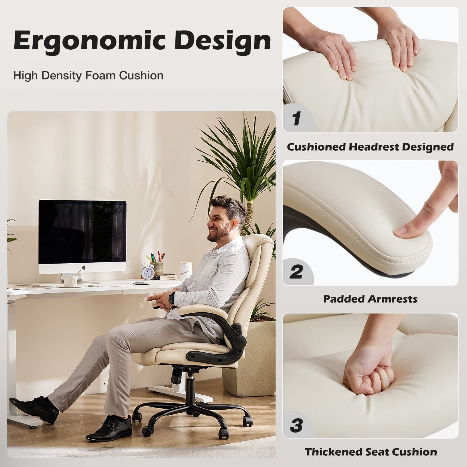 Ergonomic Executive Office Chair with Adjustable Flip-Up Armrests & Lumbar Support - Swivel Computer Desk Chair with Strong Metal Base & PU Leather (White) - Perfect for Home Office, Gaming, and Workspaces