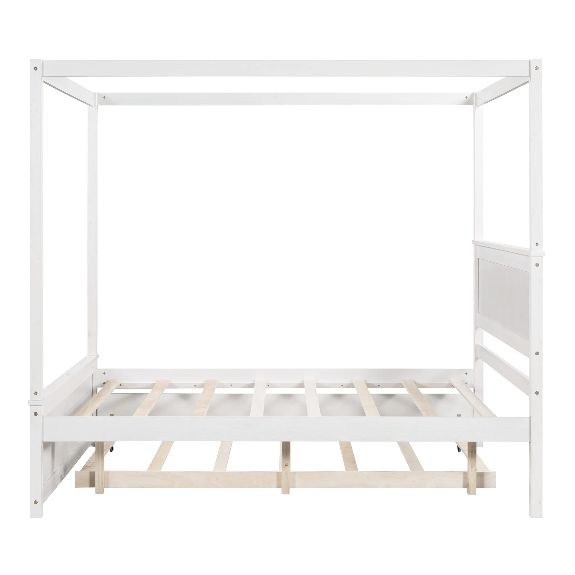 MERITLINE Full Size Canopy Bed with Trundle - Solid Wood Platform Bed Frame with Headboard & Footboard - Modern Slat Support Design for Kids, Teens & Adults - Perfect for Bedrooms, Guest Rooms & Dormitories (White)