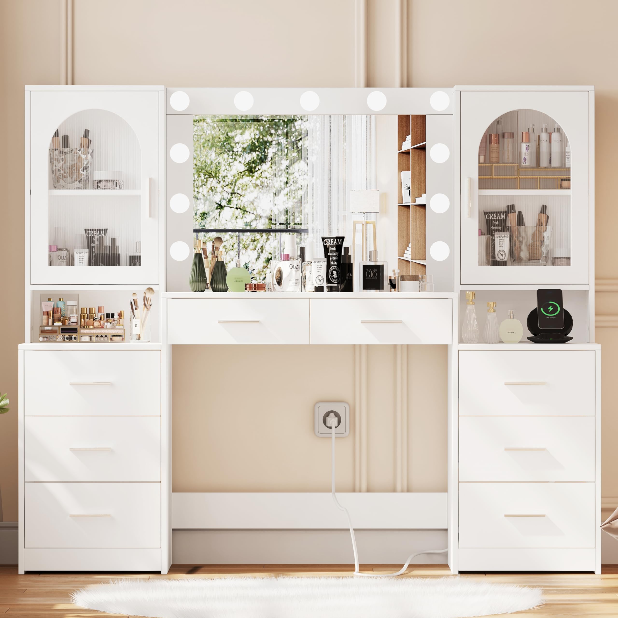 Rovaurx 61.9 Inch White Vanity Desk with LED Mirror & Charging Station - Large Makeup Dressing Table with 8 Drawers, Side Cabinet & 3 Light Modes - Perfect for Bedroom, Dressing Room & Beauty Salon Organization