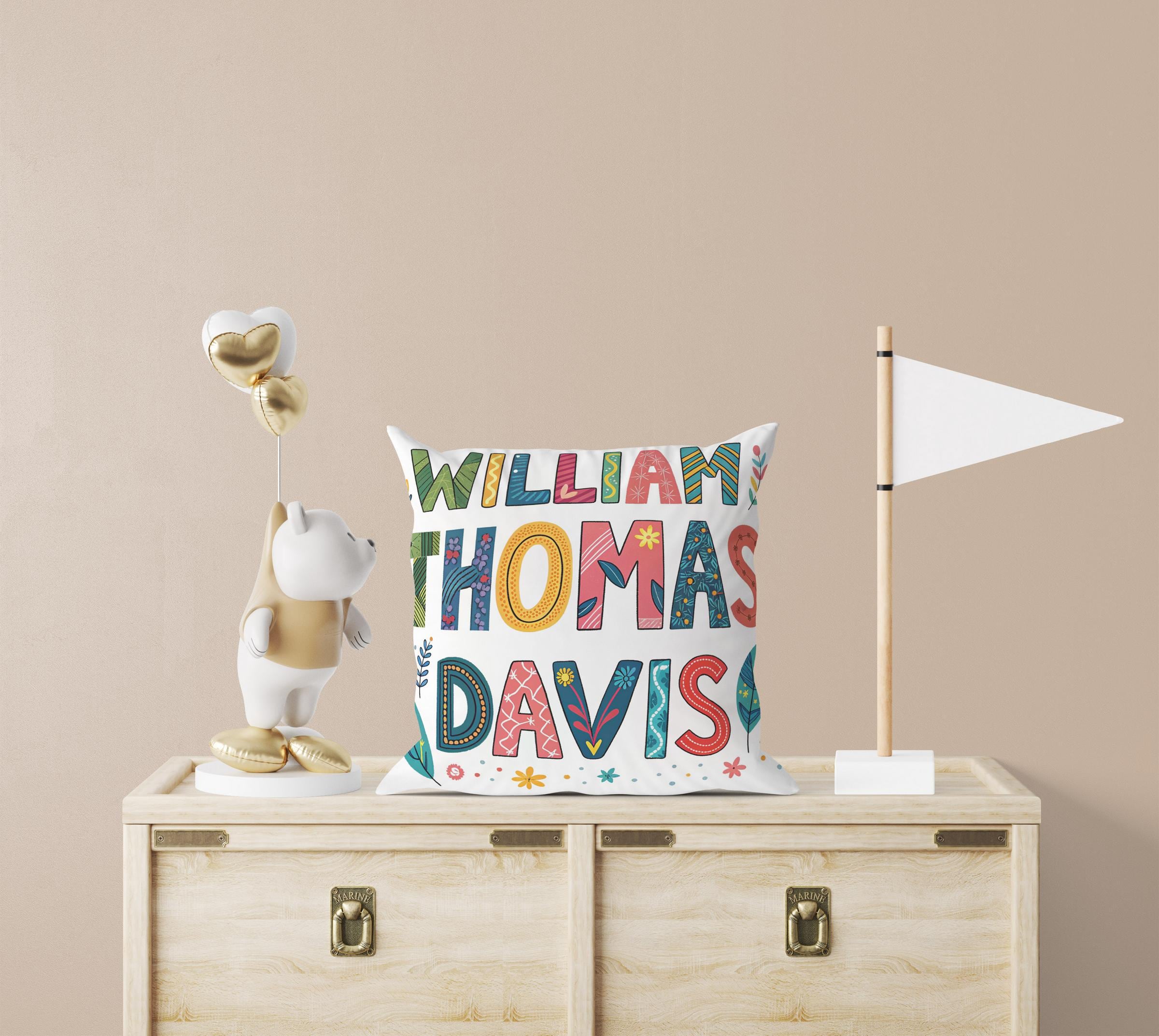 Handmade Custom Name Art Pillow - Personalized Nursery Decor & Unique Baby Gift | Whimsical Kids Room Cushion by George Miller | Perfect for Baby Showers, Birthday Presents & Nursery Decorations