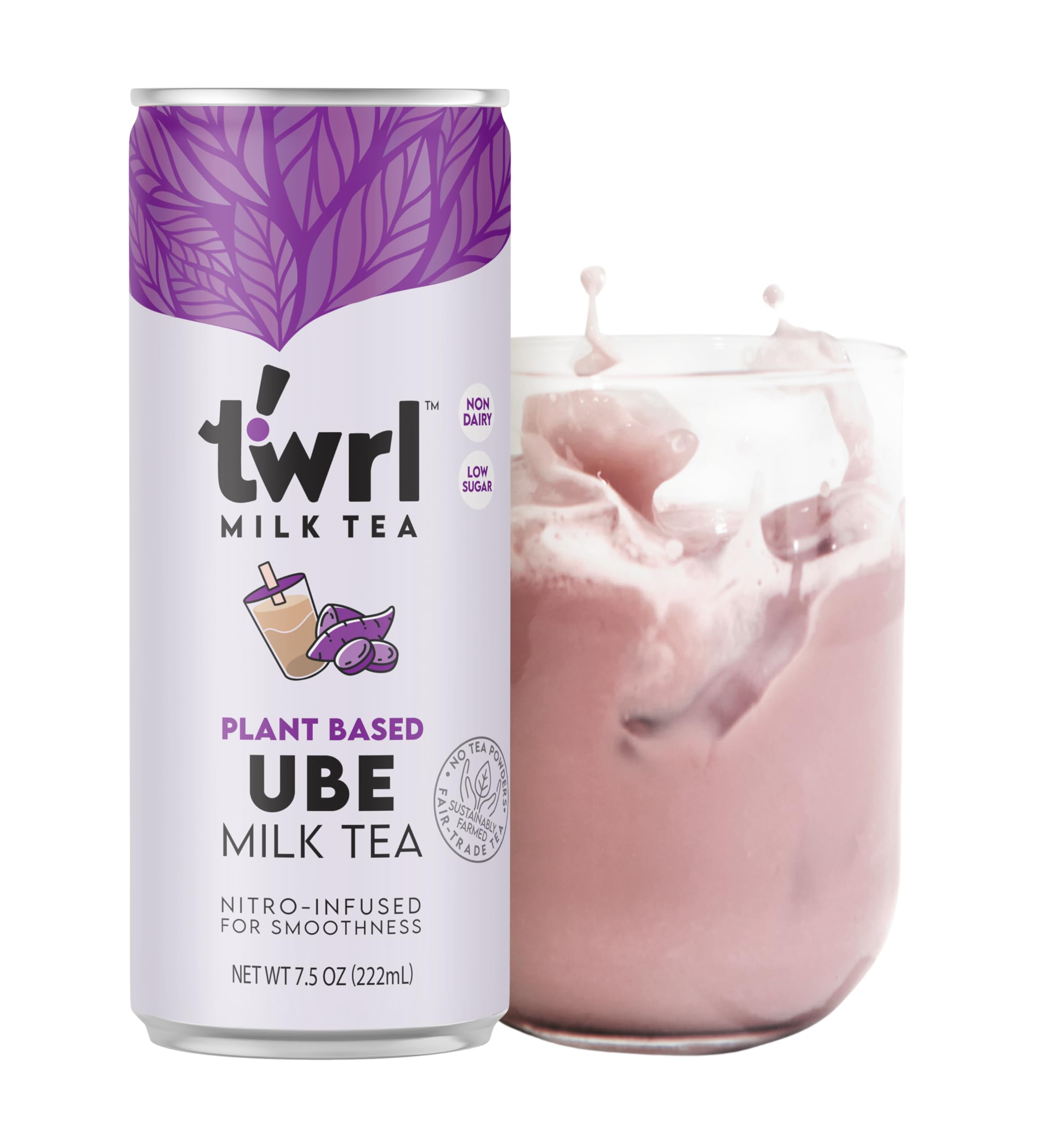 Twrl Ube Milk Tea - Organic Plant-Based Milk, Caffeine-Free, Low Sugar, Antioxidant-Rich Nitro-Infused Smooth Tea - 7.5oz (12 Pack) - Perfect for Vegan Snacking, Afternoon Relaxation & Healthy Beverage Alternatives