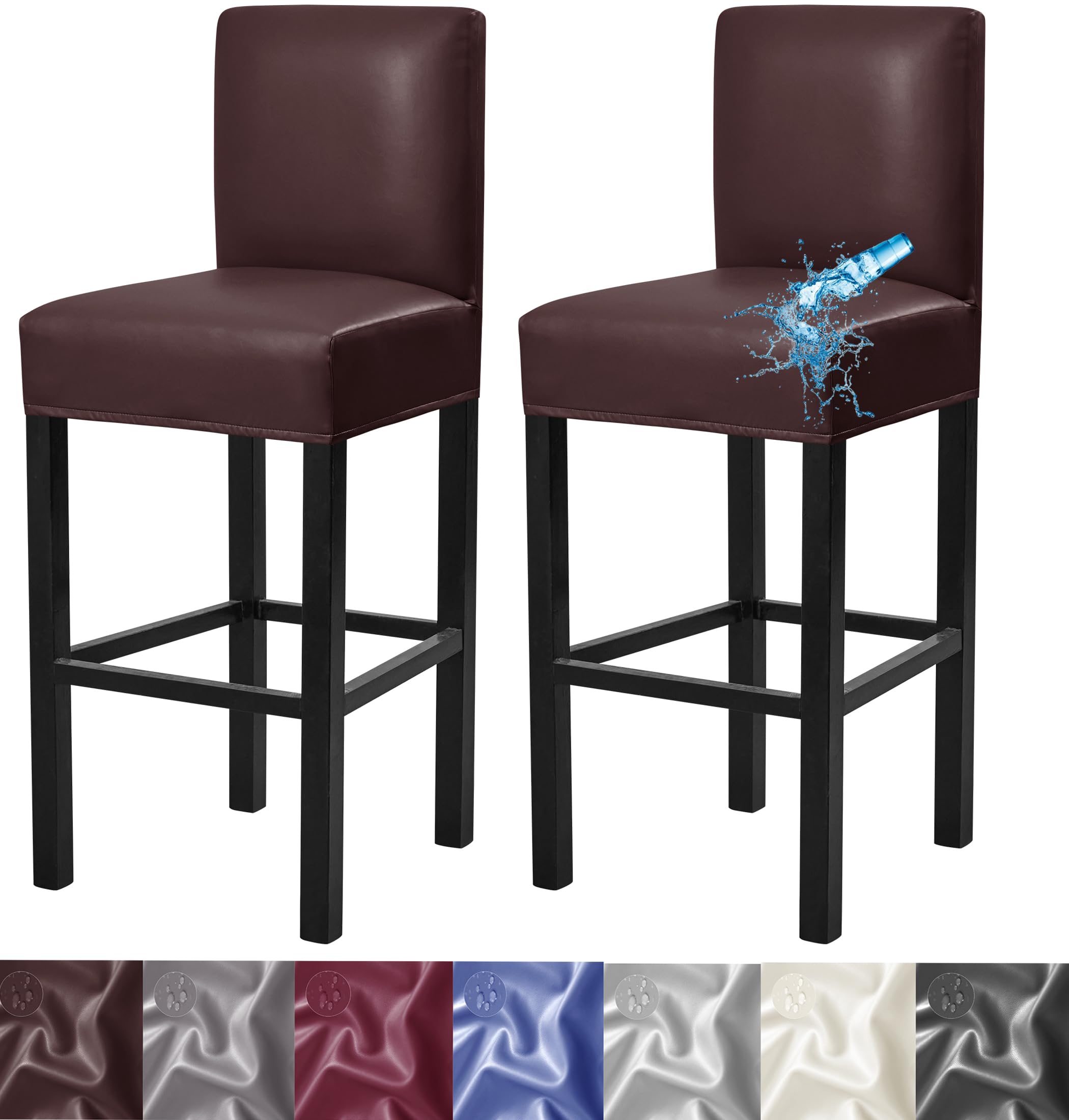 2 Pack Stretch Waterproof PU Bar Stool Covers with Backs - Removable Elastic Slipcovers for Pub, Counter & Coffee Shop Chairs - Durable & Easy to Clean Seat Protectors for Home & Commercial Use