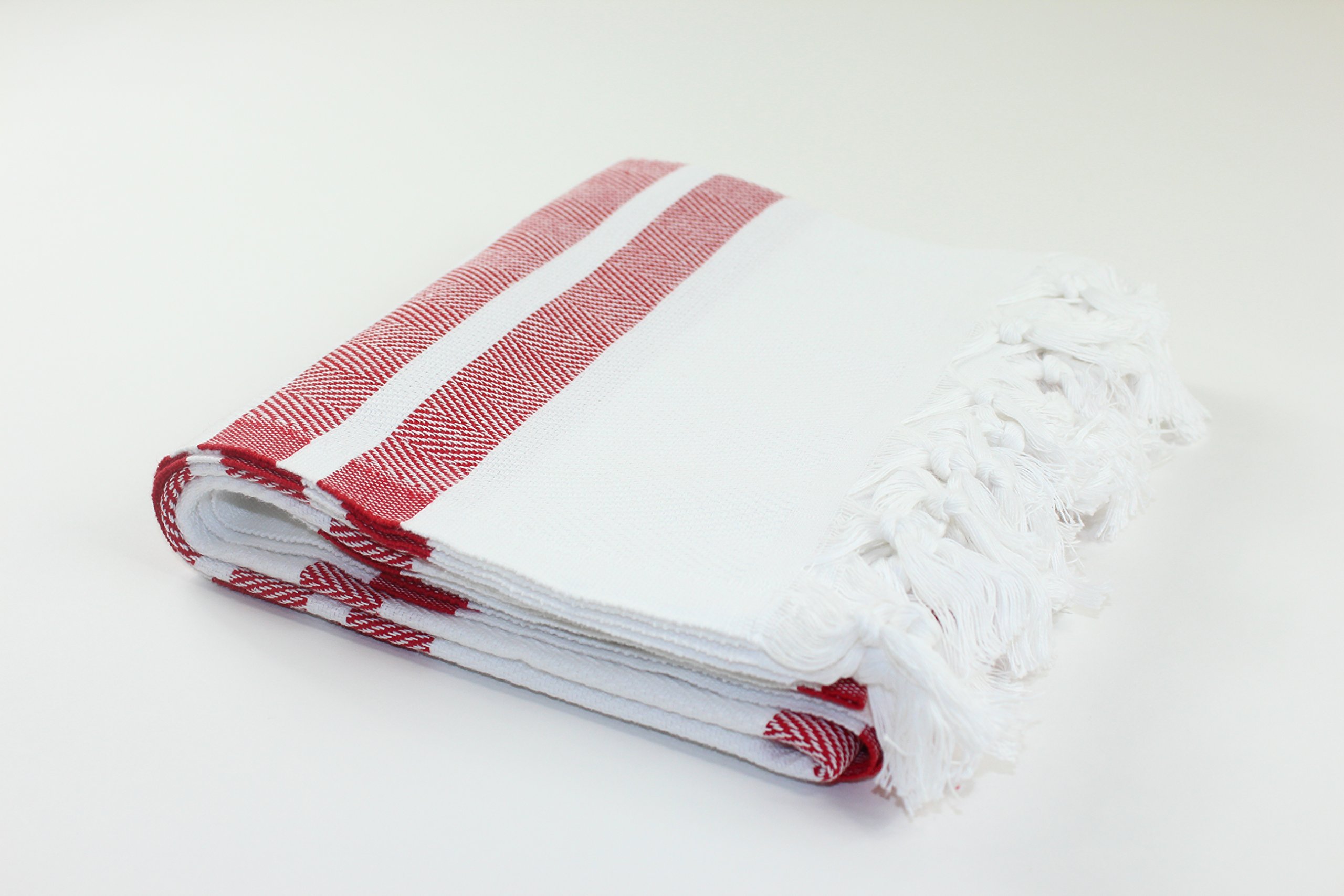 Premium Herringbone Turkish Towel Peshtemal - 100% Authentic Turkish Cotton for Bath, Beach, Pool & Spa - White & Red - Perfect for Travel, Yoga & Hammam