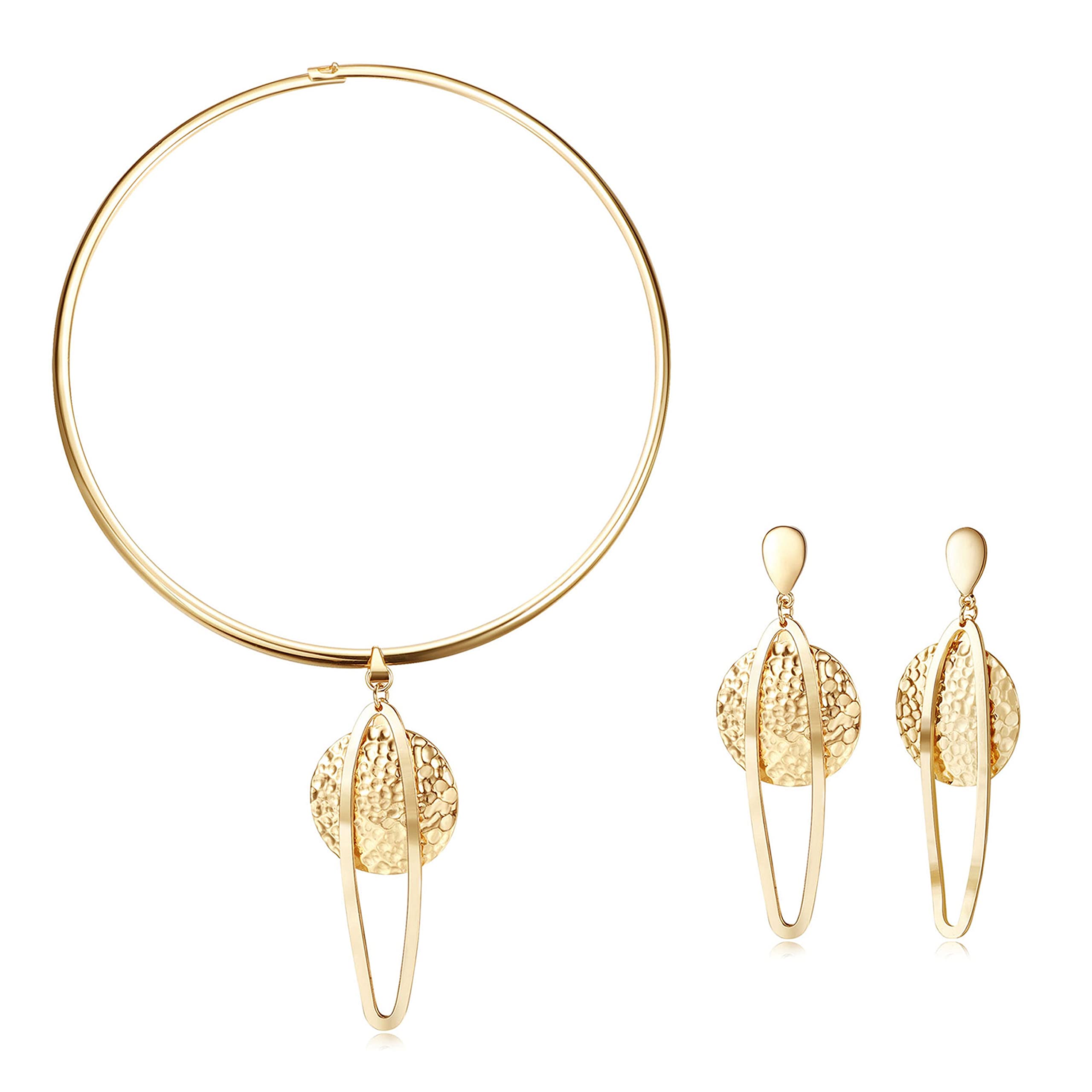 Finreizo Gold Plated Statement Choker & Earrings Set - Round Pendant Bridal Necklace for Women - Nigerian Costume Party Jewelry Accessories (Perfect for Weddings, Bridal Showers & Cultural Celebrations)