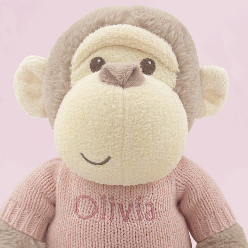 Personalized Morris Monkey Plush Toy with Baby Pajamas - Pink Stuffed Animal for Newborn Gifts, Nursery Decor & Baby Shower Presents