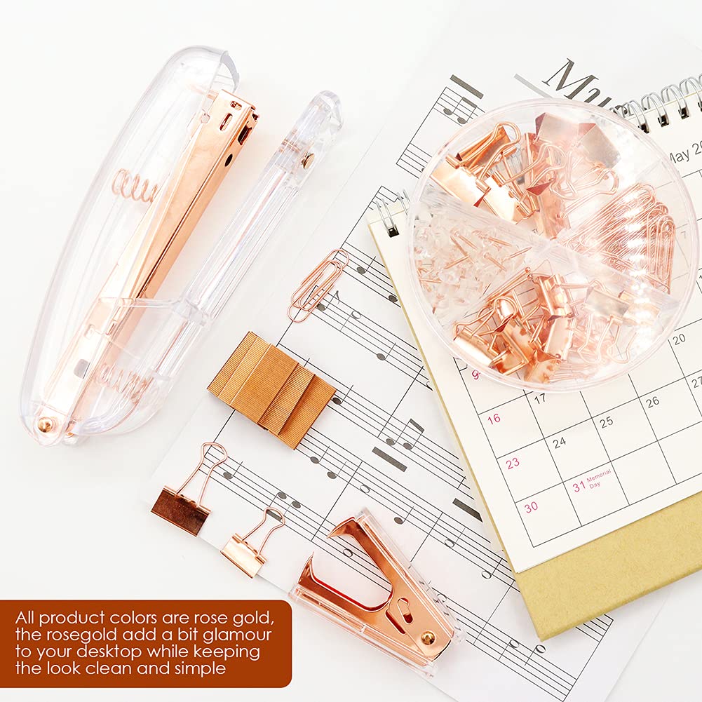 Rose Gold Office Supplies Desk Accessories Set - Acrylic Clear Stapler, Staple Remover, 1000 Staples, 72 Binder Clips & Paper Clips Push Pins - Perfect for Home, School & Office Organization (Great Gift Idea)