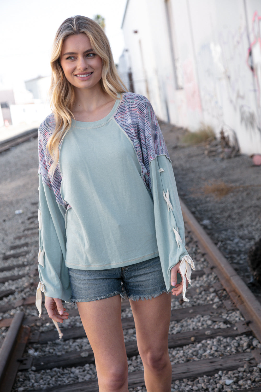 Stylish Mint Lace-Up Long Sleeve French Terry Oversized Pullover Sweatshirt | Women's Casual Loungewear for Fall & Winter | Perfect for Coffee Dates, Weekend Errands and Cozy Nights