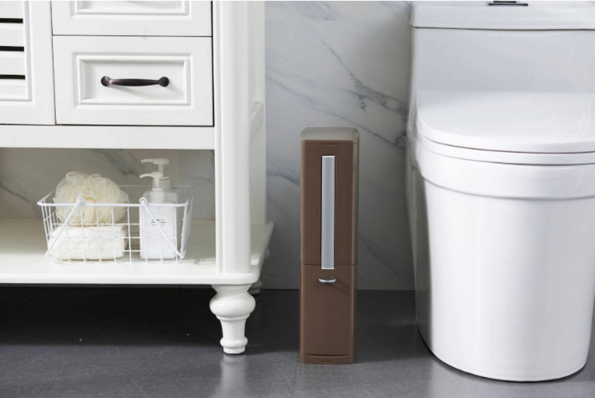 Stainless Steel Toilet Brush with Covered Trash Can - Space Saving Corner Bathroom Cleaning Set for Home & Office Use