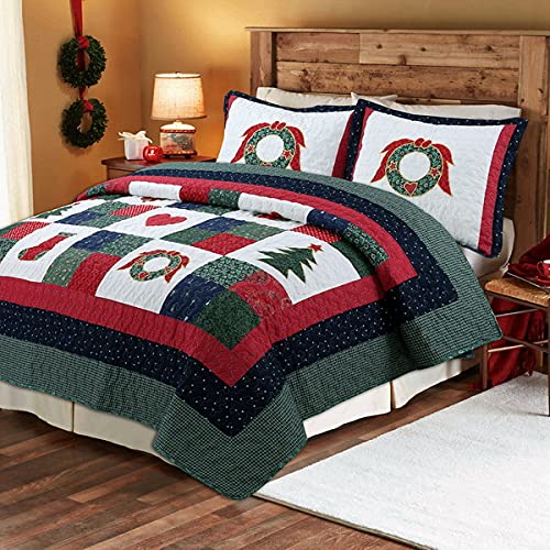 3-Piece Christmas Wreath & Tree Quilt Bedding Set - 100% Cotton Full/Queen Size Comforter for Holiday Bedroom Decor | Perfect for Festive Seasonal Home Styling