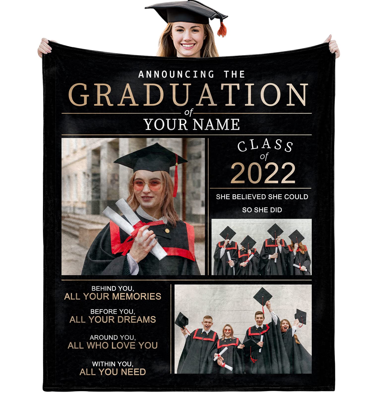 2022 Personalized Graduation Blanket - Custom Name & Photo Throw Blanket 60