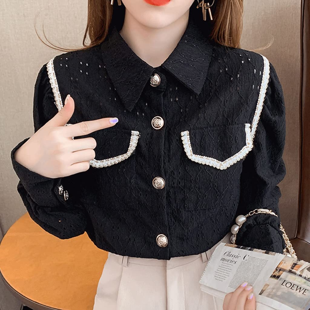 Hollow Out Lace Long Sleeve Blouse for Women - Spring Fashion Casual Button Up Shirt Tops (Black, Medium) | Perfect for Office Wear, Date Night & Spring Outfits