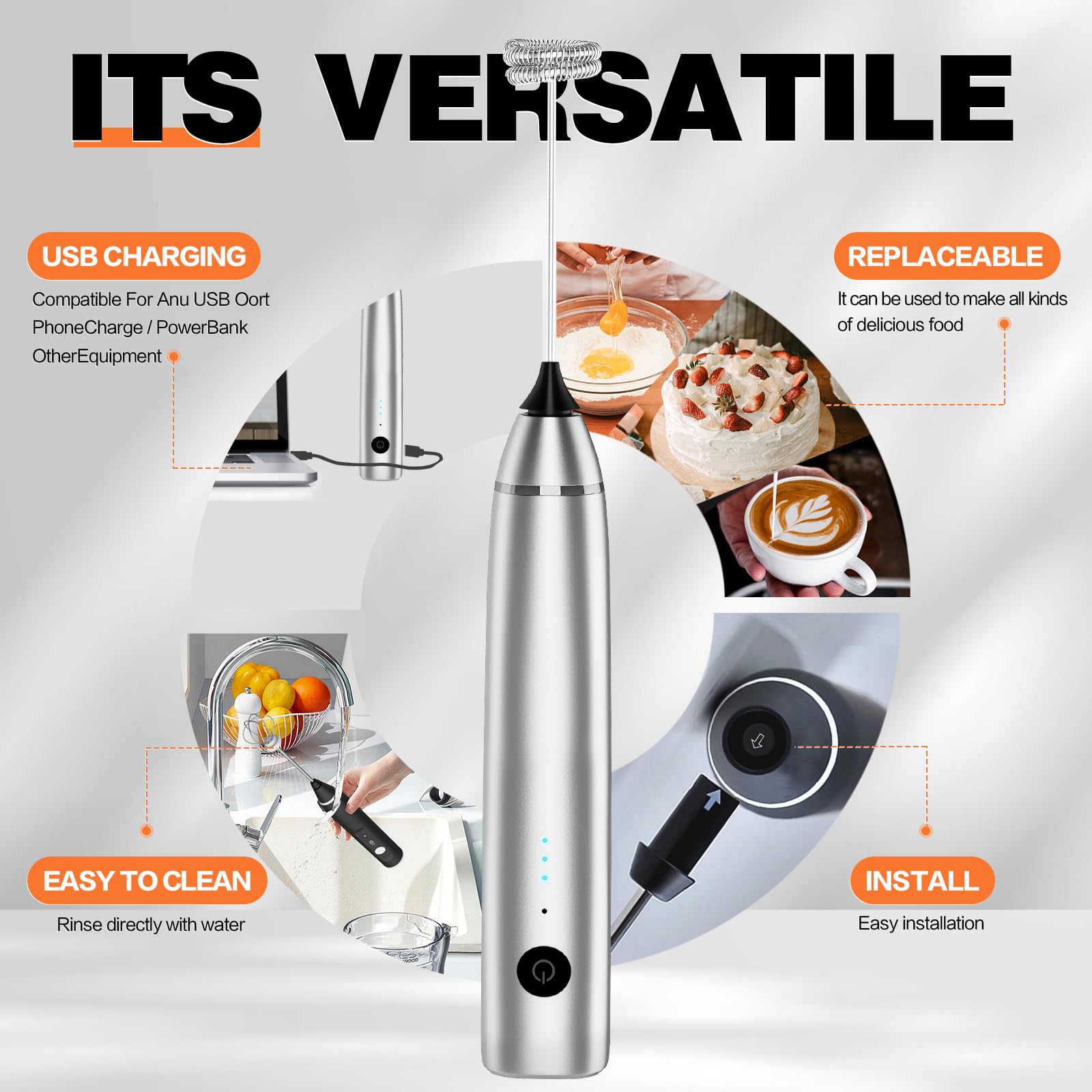 Rechargeable Handheld Electric Milk Frother with 2 Stainless Steel Whisk Heads - 3 Speed Adjustable Foam Maker for Coffee, Matcha Latte, Cappuccino & Hot Chocolate (Gray) - Perfect for Home Baristas & Coffee Lovers