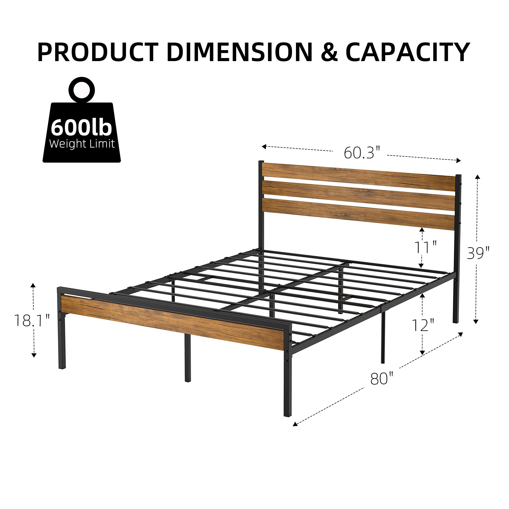 Queen Size Bed Frame with Wooden Headboard & Metal Slats - Sturdy Platform Bed with Underbed Storage Space, No Box Spring Required - Perfect for Master Bedrooms, Guest Rooms & Small Apartments