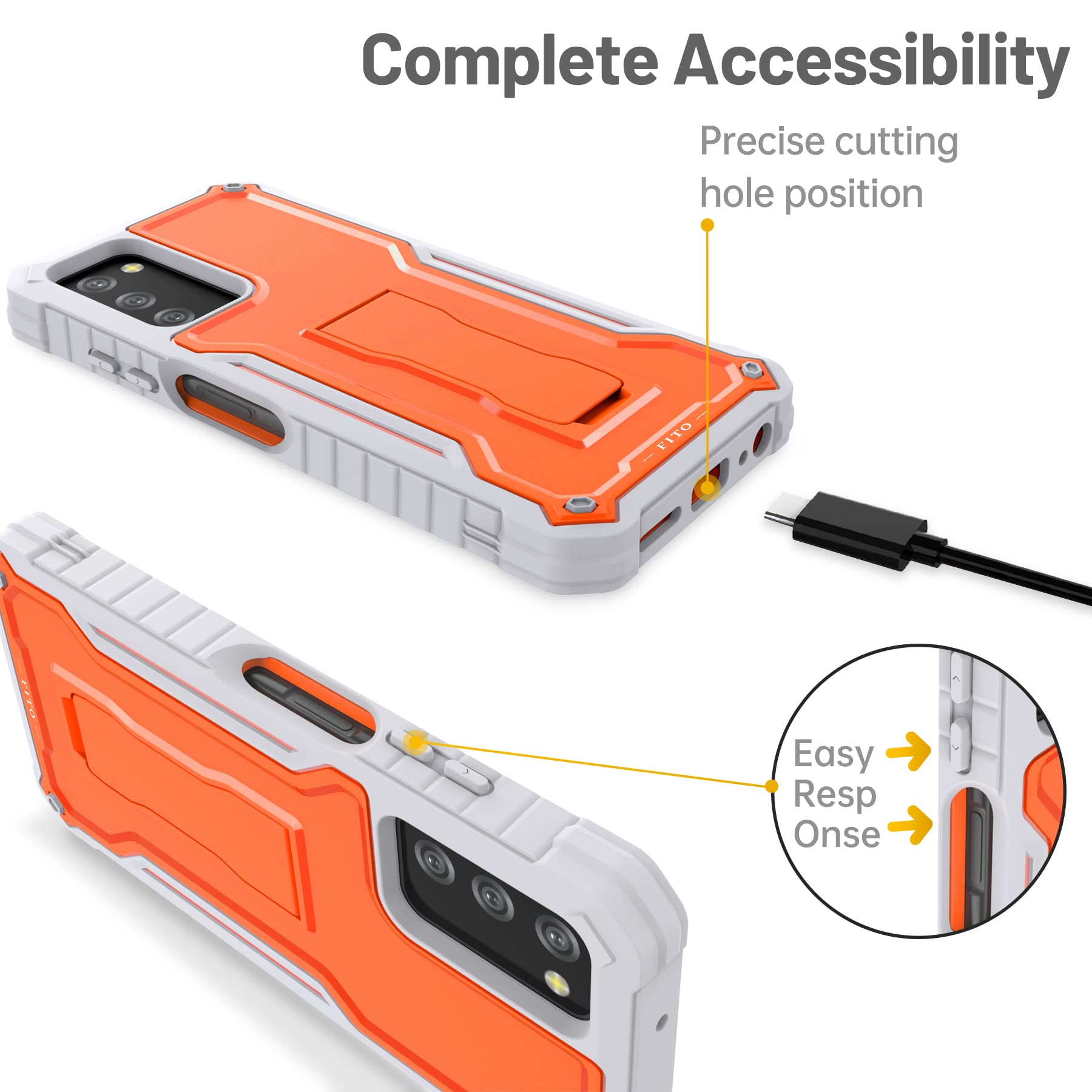 Shockproof Heavy Duty Case for Samsung Galaxy A03S 5G - Dual Layer Protective Cover with Built-in Kickstand & Tempered Glass Screen Protector | Perfect for Outdoor Activities, Work & Travel (Orange)