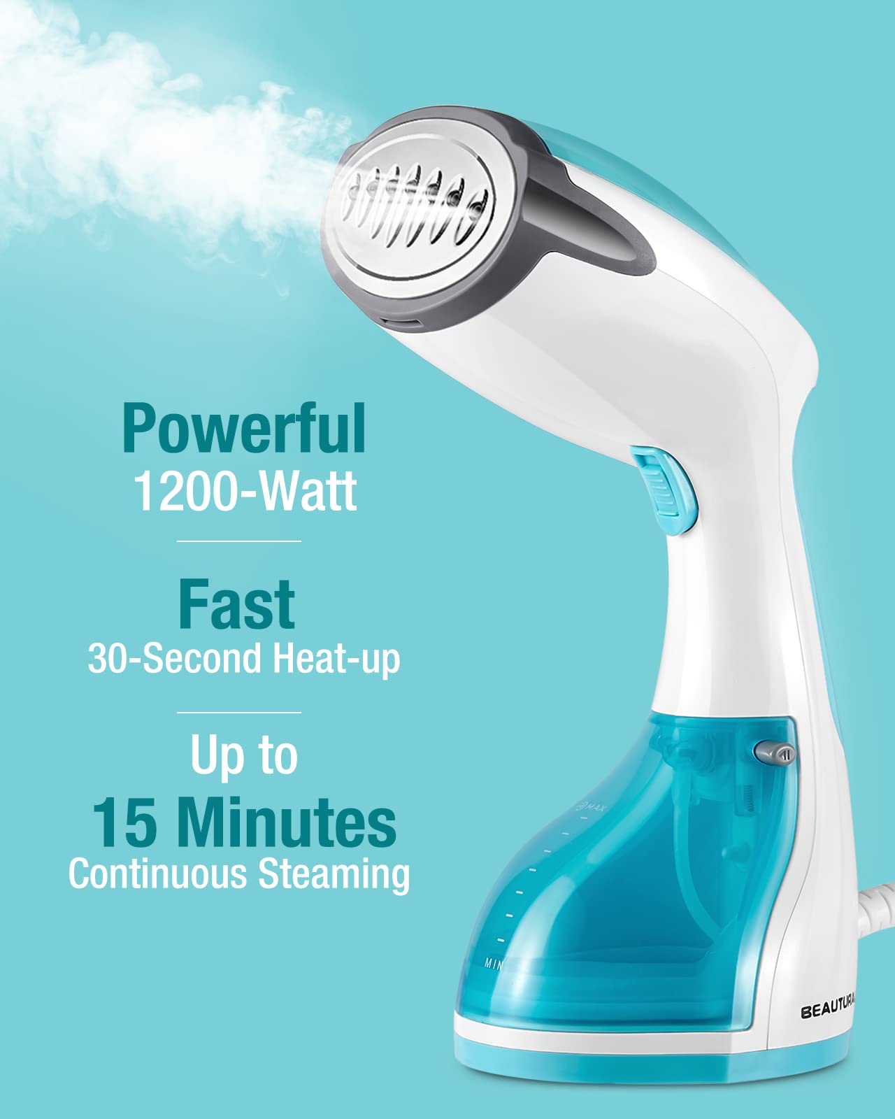 BEAUTURAL Portable Handheld Steamer for Clothes - 30-Second Fast Heat-up Fabric Wrinkle Remover with Large Detachable Water Tank & Auto-Off - Perfect for Travel, Home, and Office Use