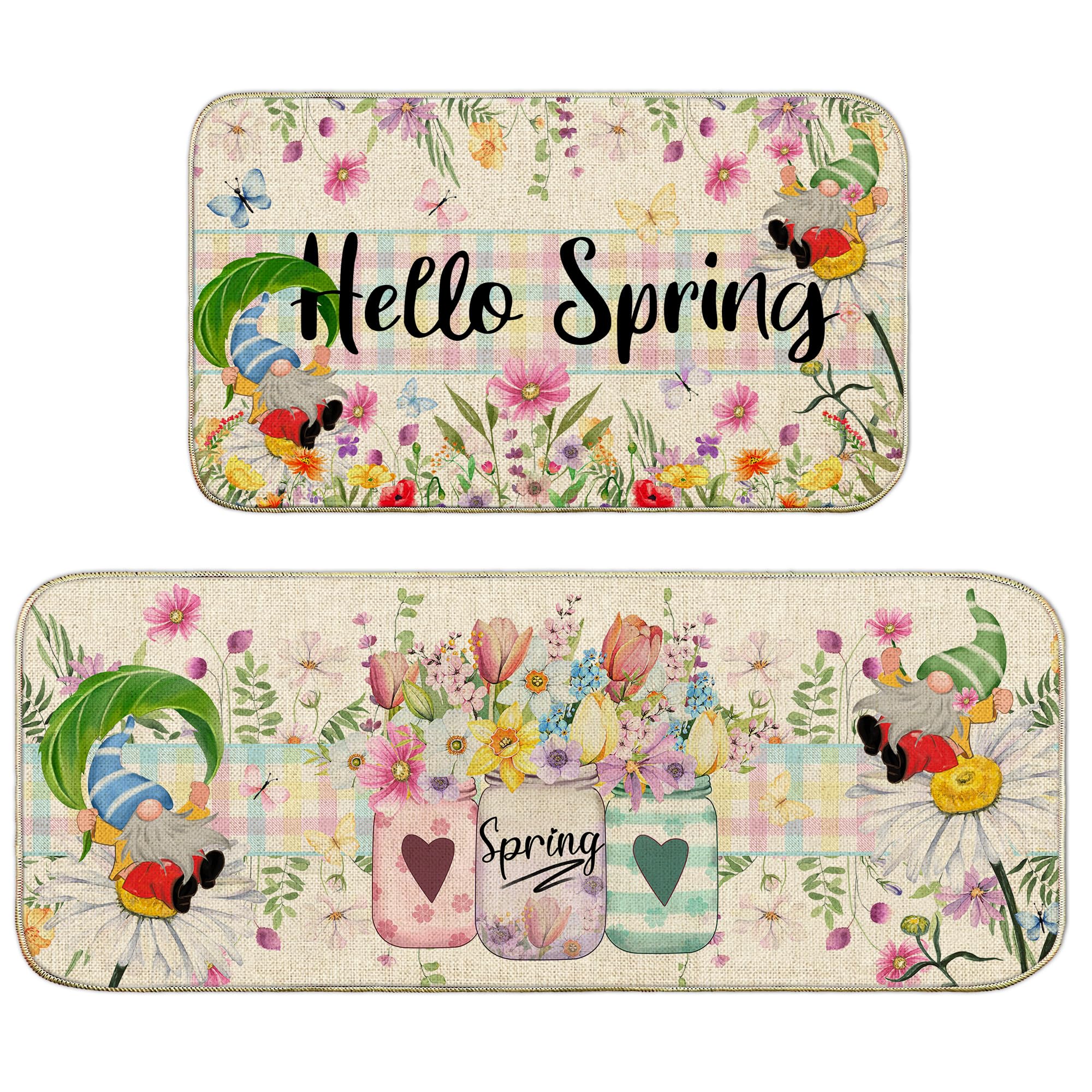 Non-Slip Washable Spring Floral Kitchen Rugs Set of 2 - 17x29 & 17x47 Inch Buffalo Plaid Checkered Floor Mats for Slip Prevention | Perfect for Farmhouse, Cottage & Modern Kitchens