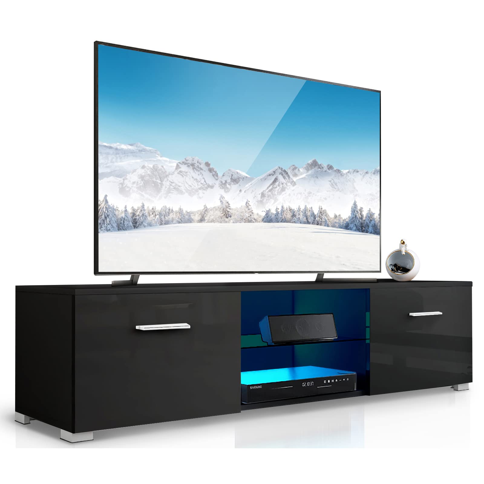 Modern LED TV Stand for 65 Inch TVs - Black Entertainment Center with Storage, Glass Shelves & 2 Drawers - High Gloss TV Cabinet with LED Lights for Living Room, Bedroom & Home Theater Setup