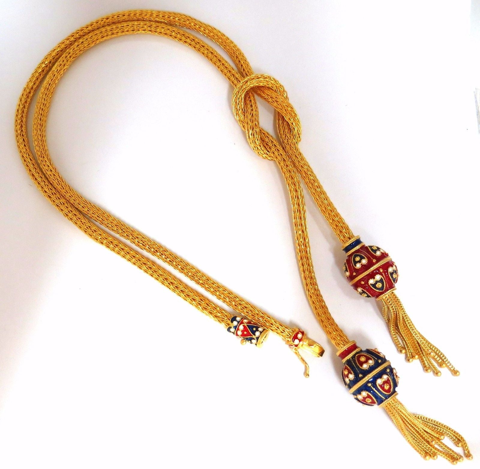 18K Gold Sailor's Knot Enamel Weave Necklace with Long Bolo Tassel - 132g Vintage Deco Jewelry - Perfect for Beach Weddings, Boho Fashion & Layered Necklace Styling