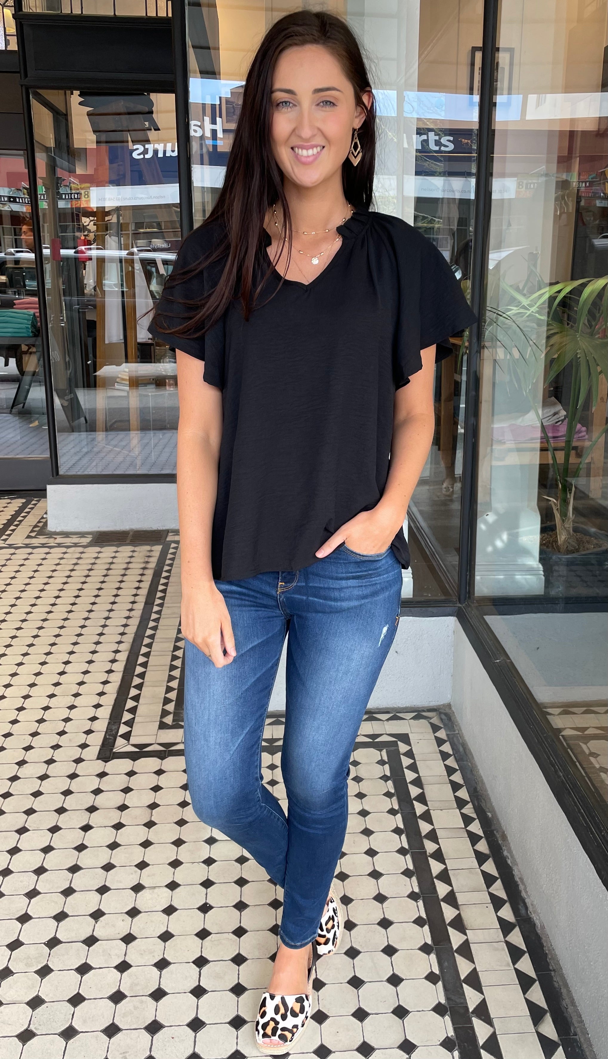 Lisa Women's V Neck Flutter Sleeve Blouse - Elegant Black Tops for Work, Date Night & Casual Outfits | Office Wear & Party Clothing