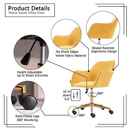 Henf Velvet Office Chair - 360° Swivel Home Desk Chair with Elegant Gold Base | Soft Tufted Vanity Chair for Kids & Students | Perfect for Bedroom, Living Room & Home Office (Style10-Yellow)