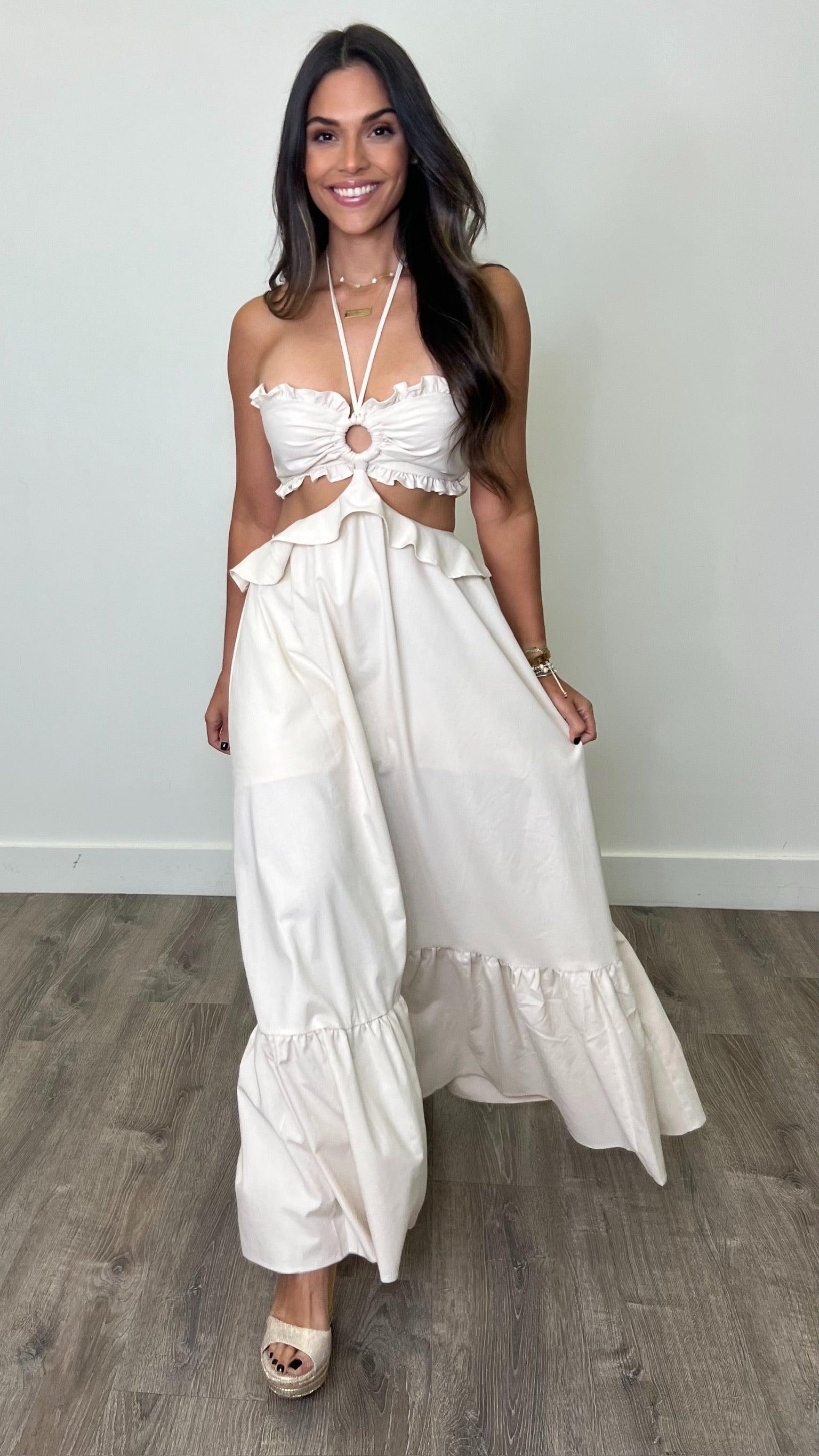 Gwenivere Ivory Maxi Dress for Women - Elegant Long Flowy Summer Wedding Guest Dress - Perfect for Beach, Party & Formal Occasions