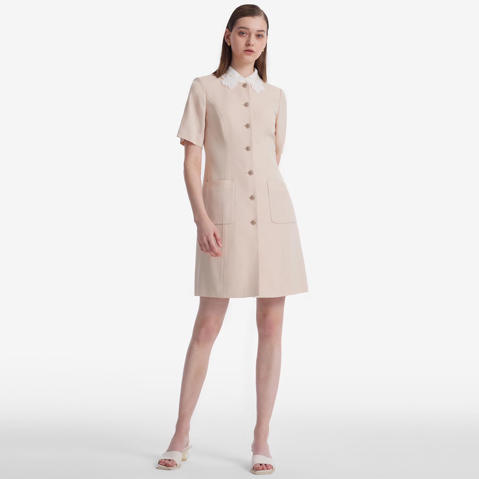 Women's Triacetate Black Mini Dress - Business Casual A-Line V-Neck Button Front Dress for Office Work & Teaching | Perfect for Professional Workwear, Business Meetings, and Smart Casual Occasions