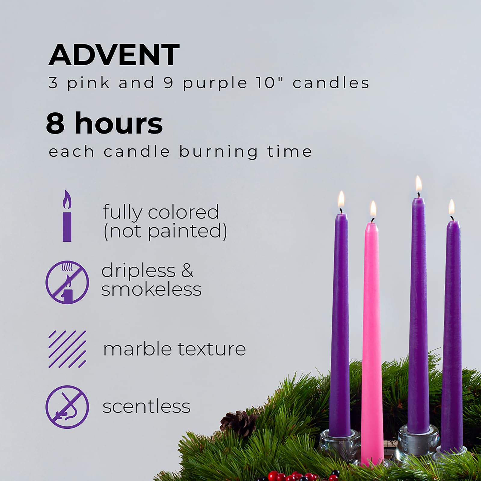 10 Inch Purple Advent Candles - Dripless Taper Candles 3-Pack, Unscented Long Burning Candlesticks for Wreaths, Church, Christmas Decor & Holiday Centerpieces