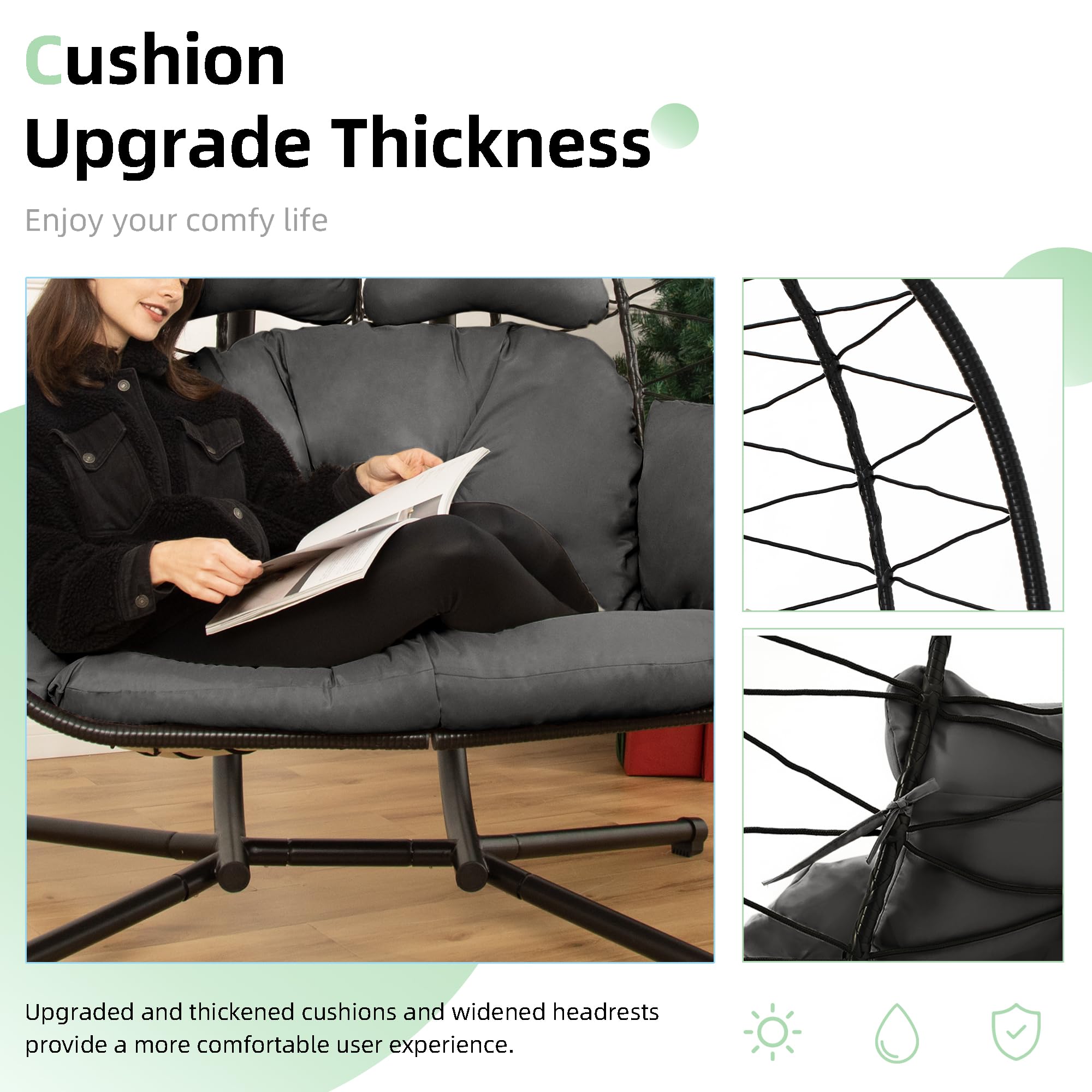Double Egg Chair with Stand - Foldable Hammock Swing Chair with UV Resistant Removable Cushions, 700LBS Capacity - Perfect for Bedroom, Balcony, Garden, Patio & Backyard Relaxation (BK-GR)