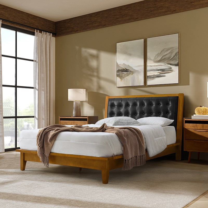 Genuine Leather & Solid Wood Platform Bed with USB Charging Ports - Modern King/Queen Size Bed Frame for Bedroom, Guest Room, or Dorm