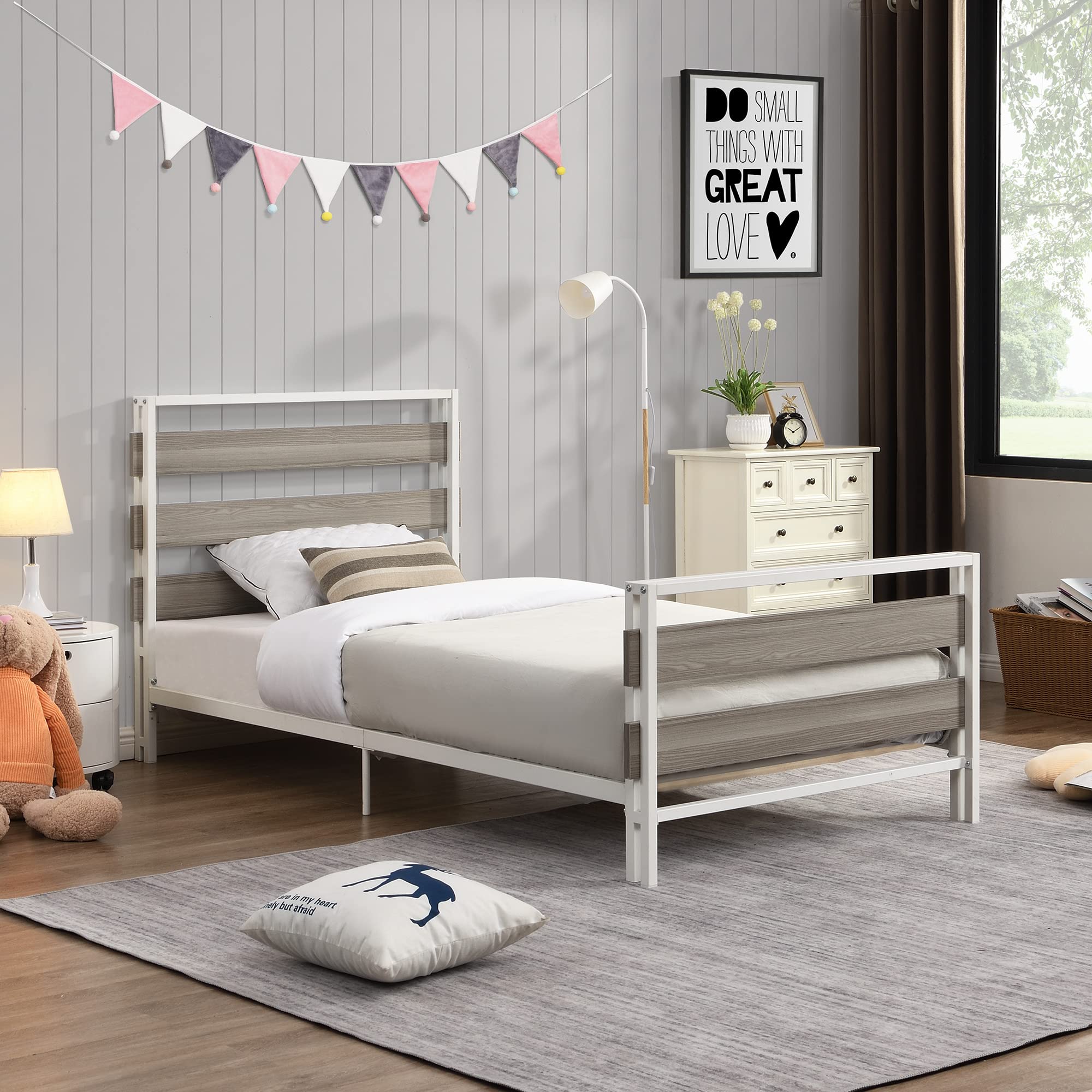 Twin Size Metal Platform Bed Frame with Headboard - Sturdy Steel Slat Support Mattress Foundation in Grey - Perfect for Small Bedrooms, Guest Rooms & Dormitories