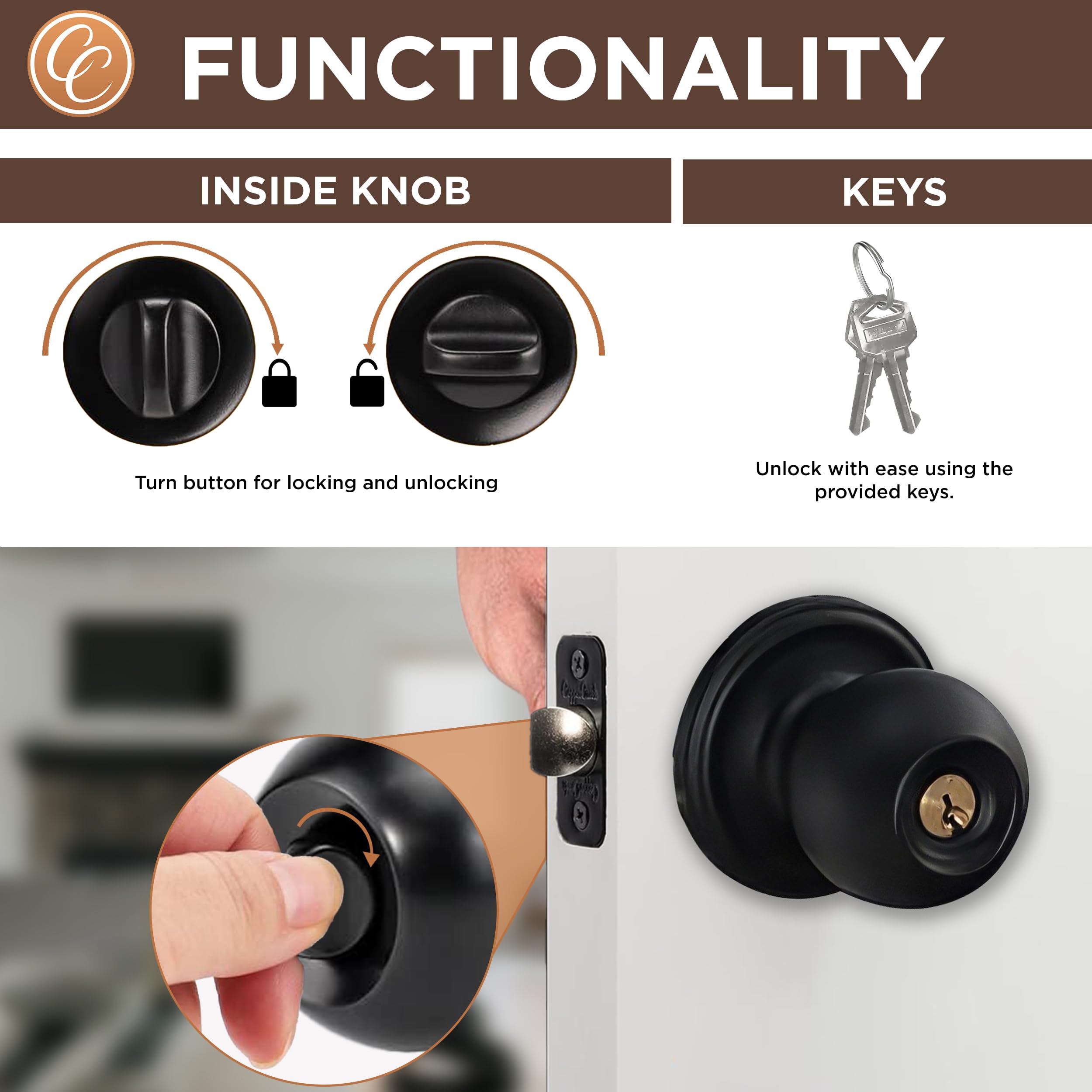 Matte Black Door Knobs with Key - 3 Pack for Bedroom & Bathroom Security
